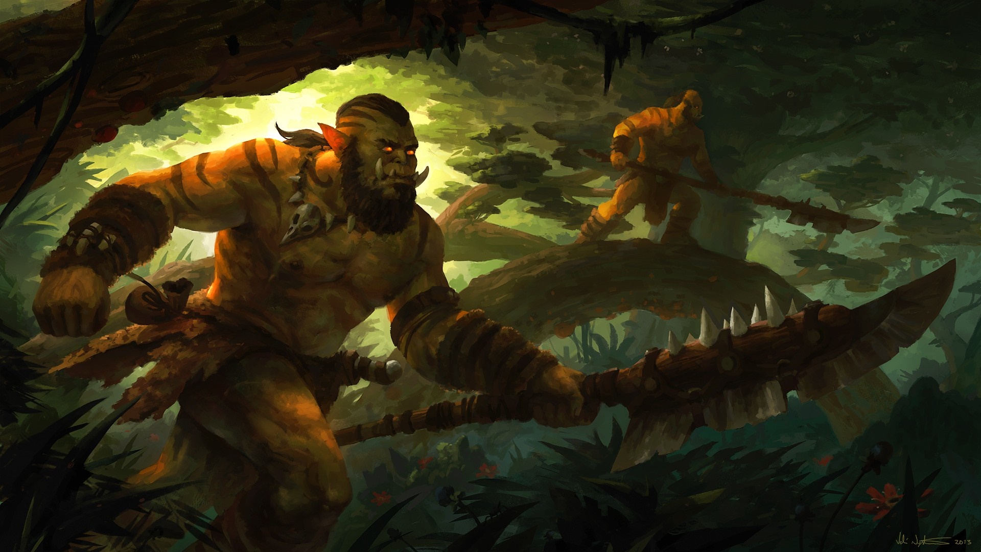 Orcs with weapons in a jungle environment HD Wallpaper