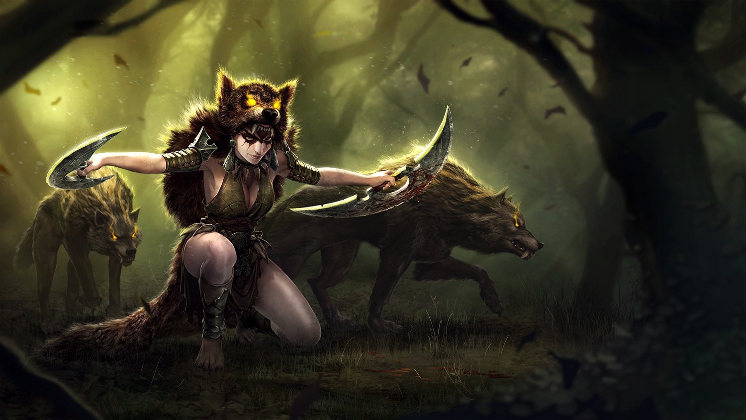 Fantasy warrior woman with wolves in a forest HD Wallpaper