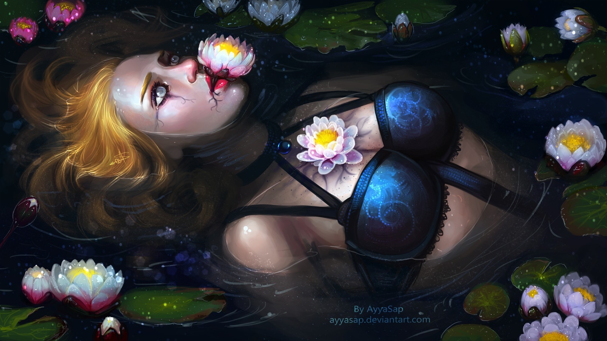 Woman with flowers in water HD Wallpaper