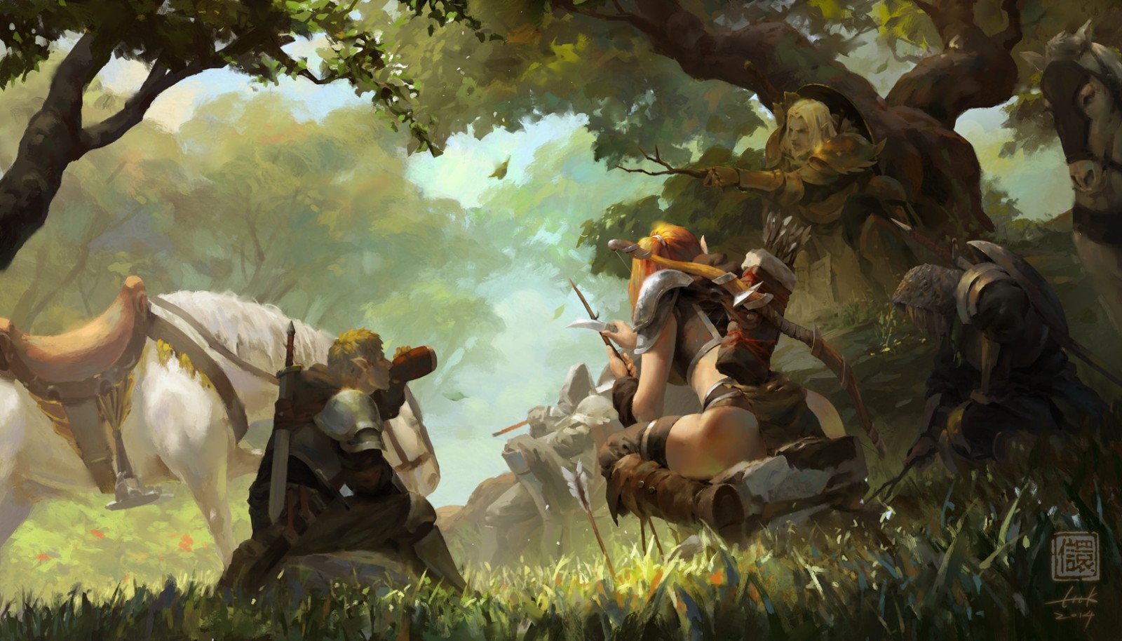 Fantasy adventurers in a sunlit forest clearing HD Wallpaper