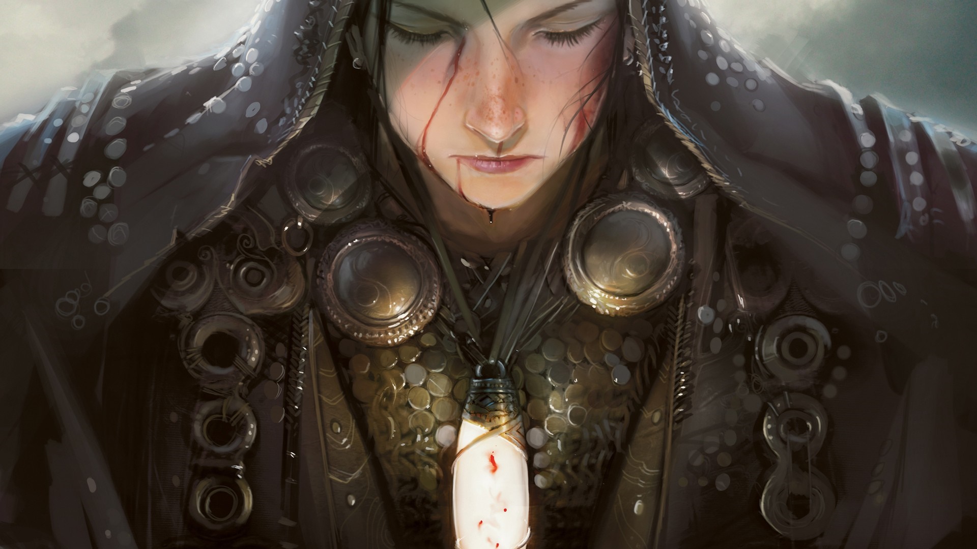 Fantasy warrior with bloodied face and amulet HD Wallpaper