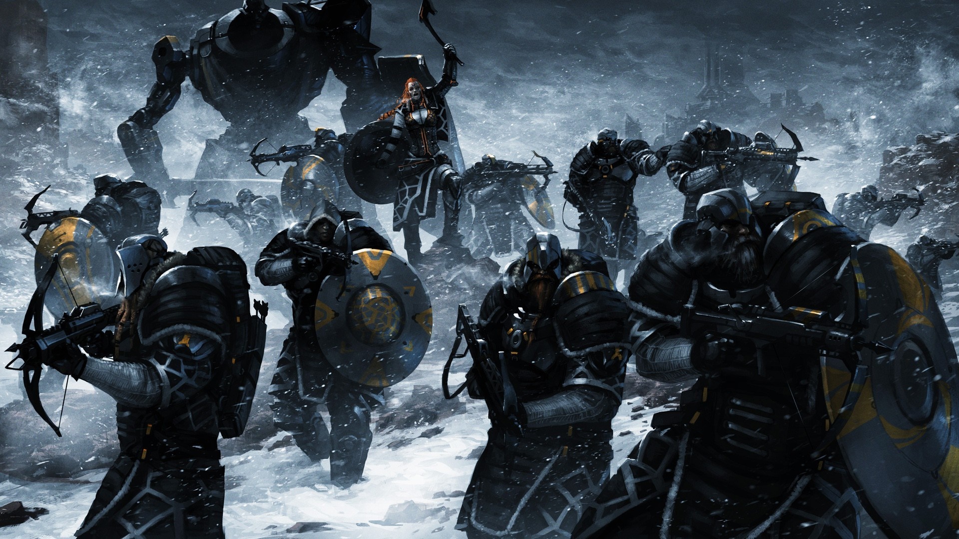 Soldiers and a giant robot in a snowy landscape HD Wallpaper