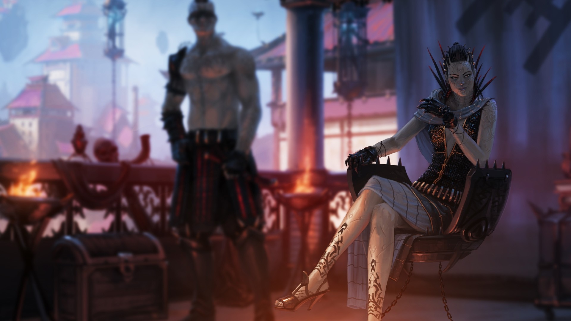 Fantasy art of a woman in a throne and a man standing HD Wallpaper