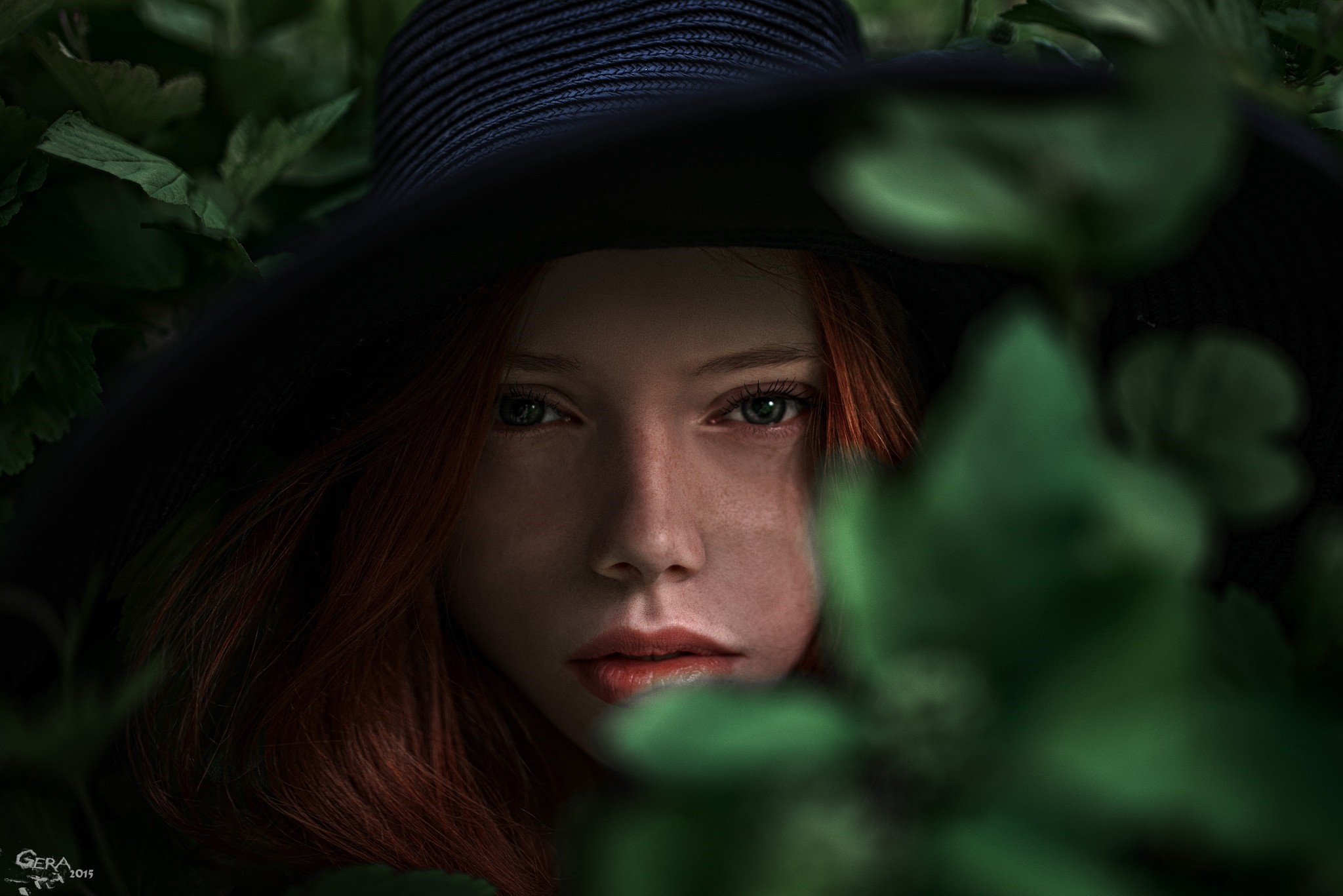 Woman with red hair wearing a hat in leaves HD Wallpaper