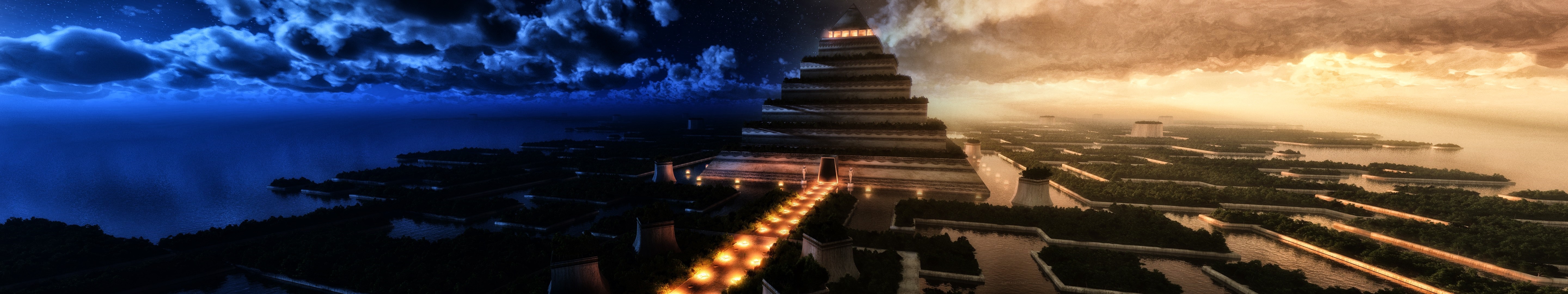 A surreal city divided between night and day with a large ziggurat HD Wallpaper