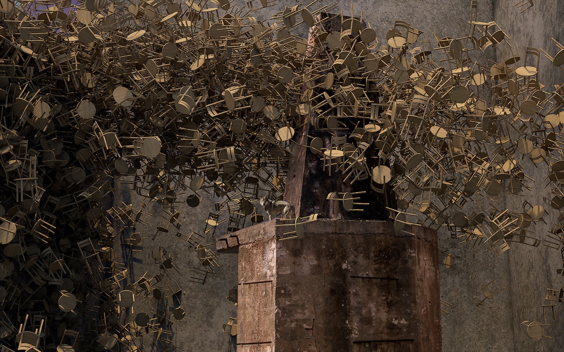 Abstract sculpture of chairs on a textured wall HD Wallpaper