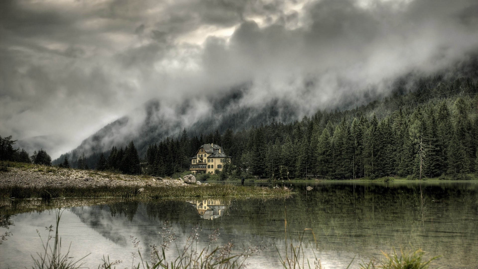 Yellow house by a misty lake and forest HD Wallpaper