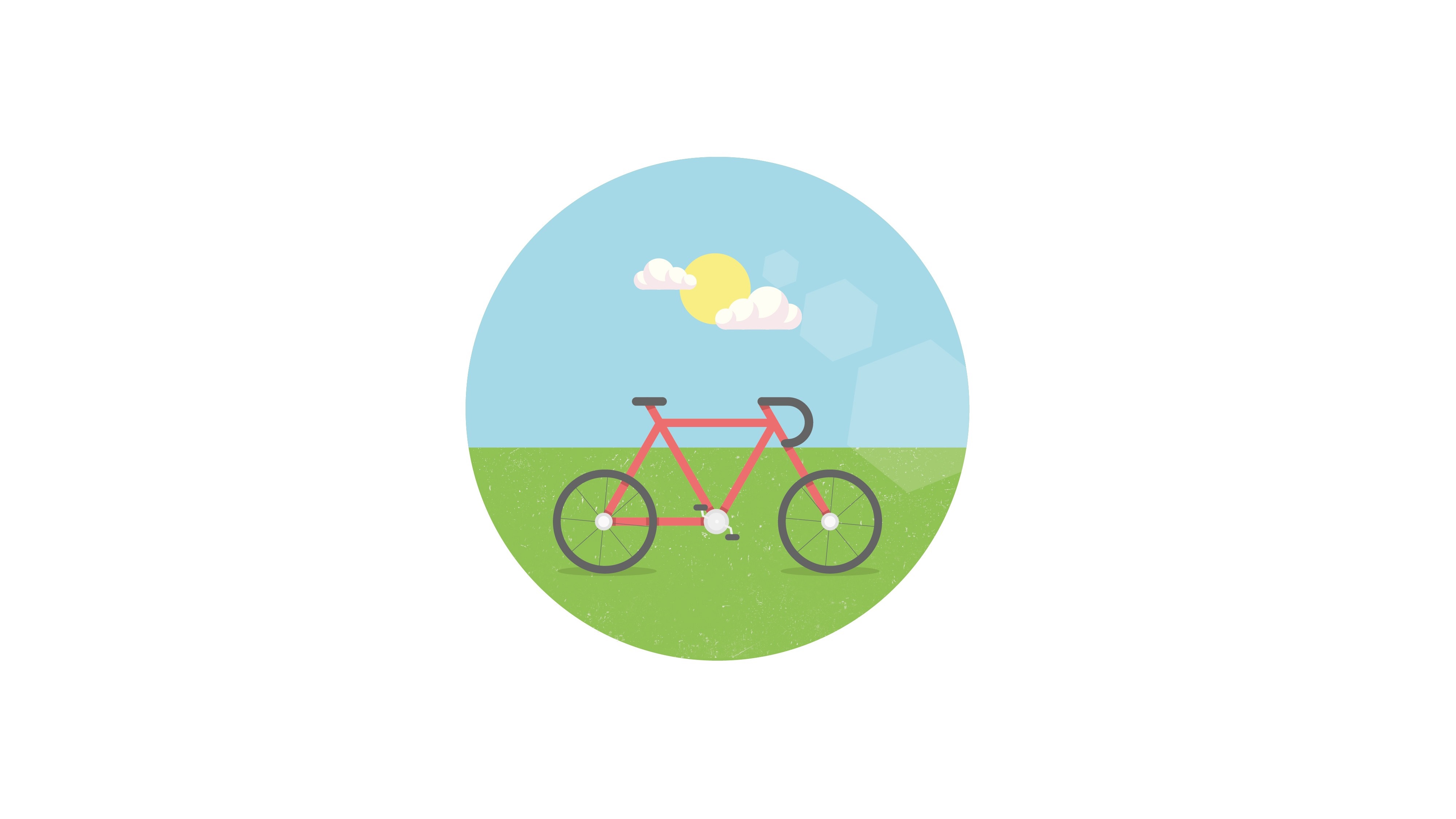 Minimalist bicycle logo in a circle with sun and clouds HD Wallpaper