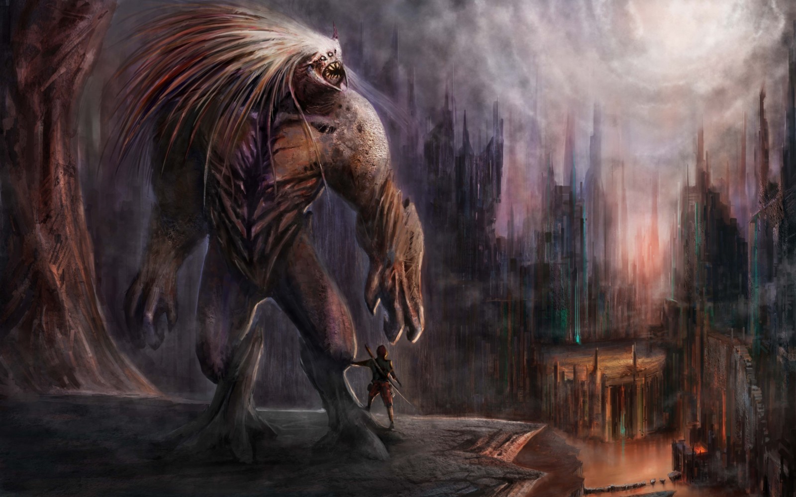Giant monster and warrior in a ruined city HD Wallpaper
