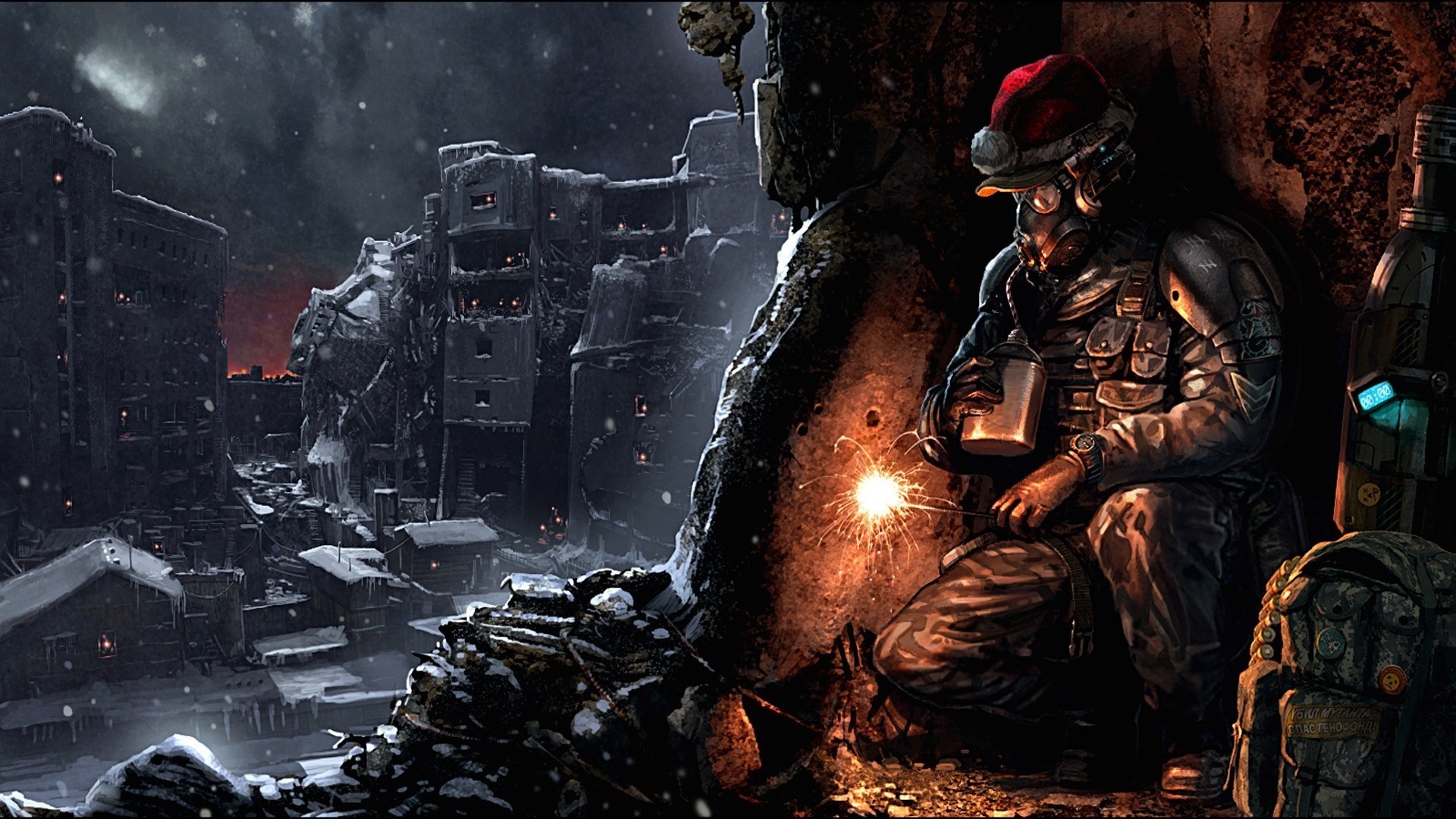 Soldier in gas mask with Santa hat in a snowy, ruined city HD Wallpaper