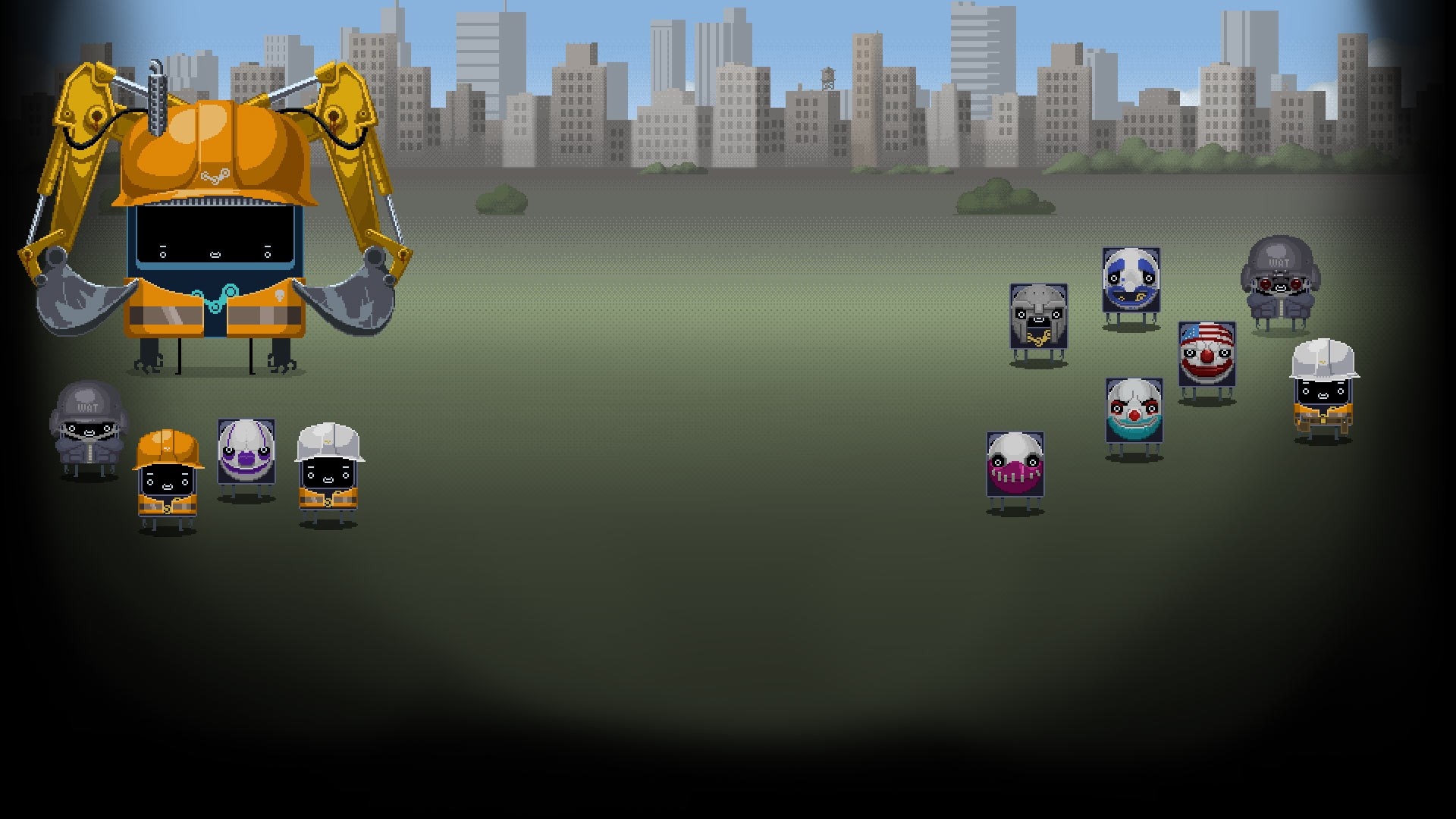 Construction robot and masked figures in a city HD Wallpaper