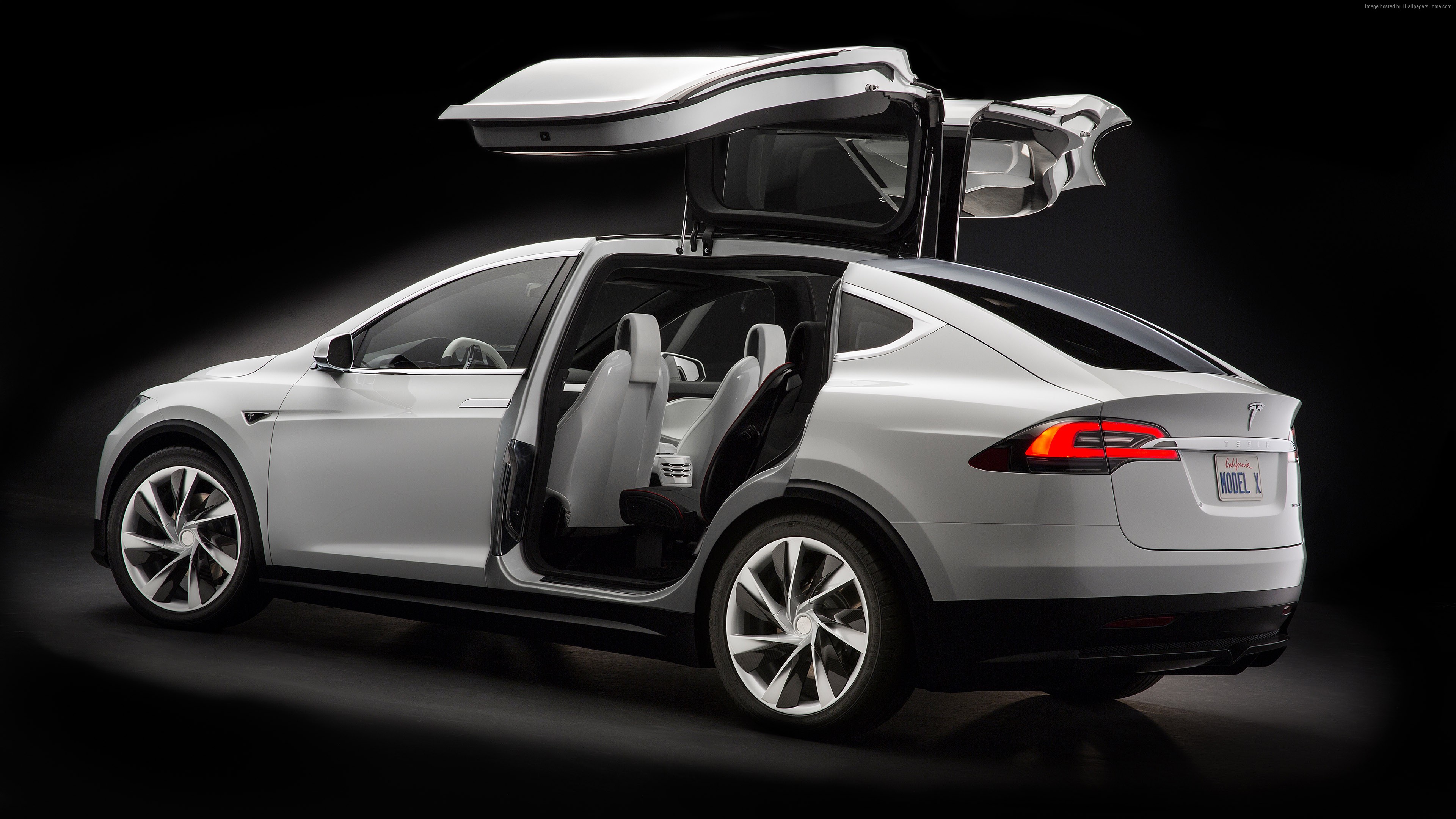 White Tesla Model X SUV with Falcon Wing Doors Open HD Wallpaper