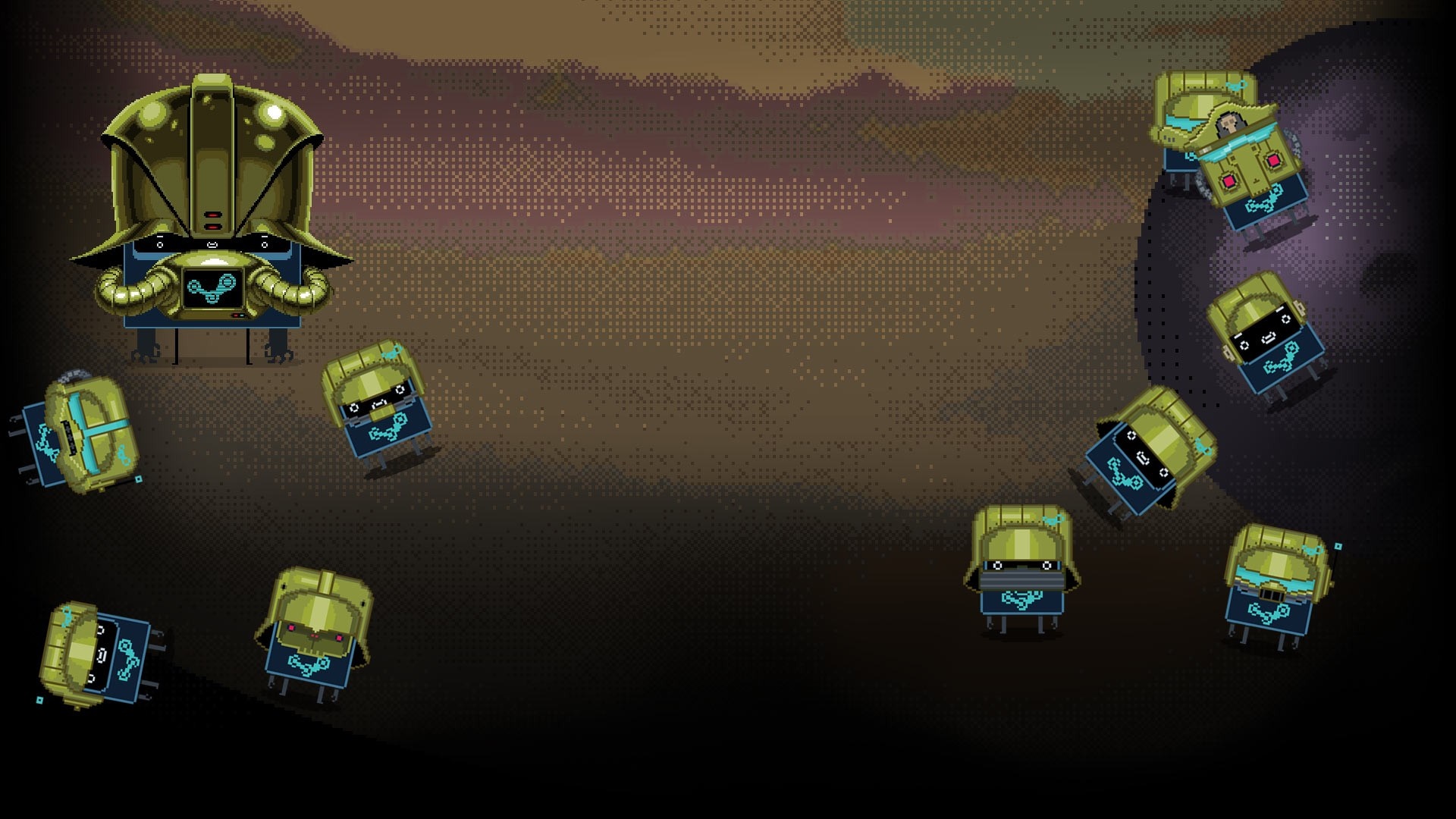 Steam robots with golden helmets and Steam logo HD Wallpaper
