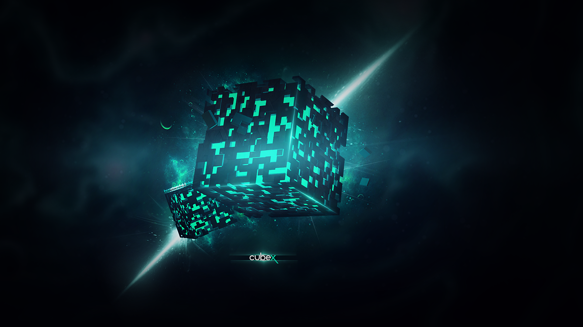 Digital art of a glowing cube in outer space HD Wallpaper