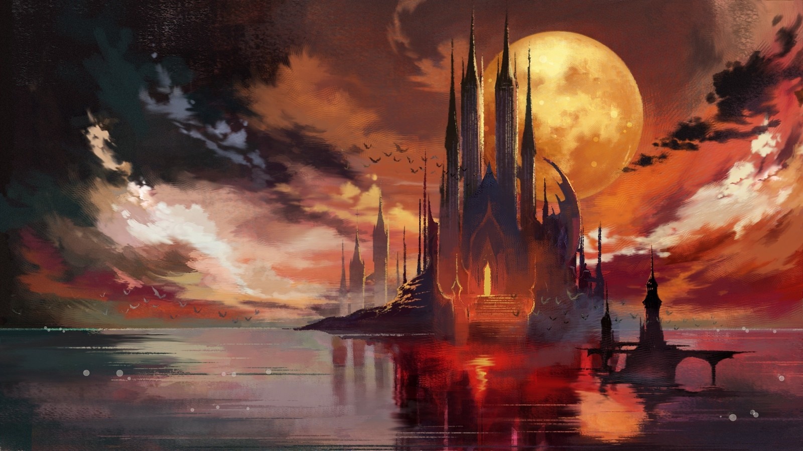 Castle and Moon Reflection in Bloodstained: Ritual of the Night HD Wallpaper