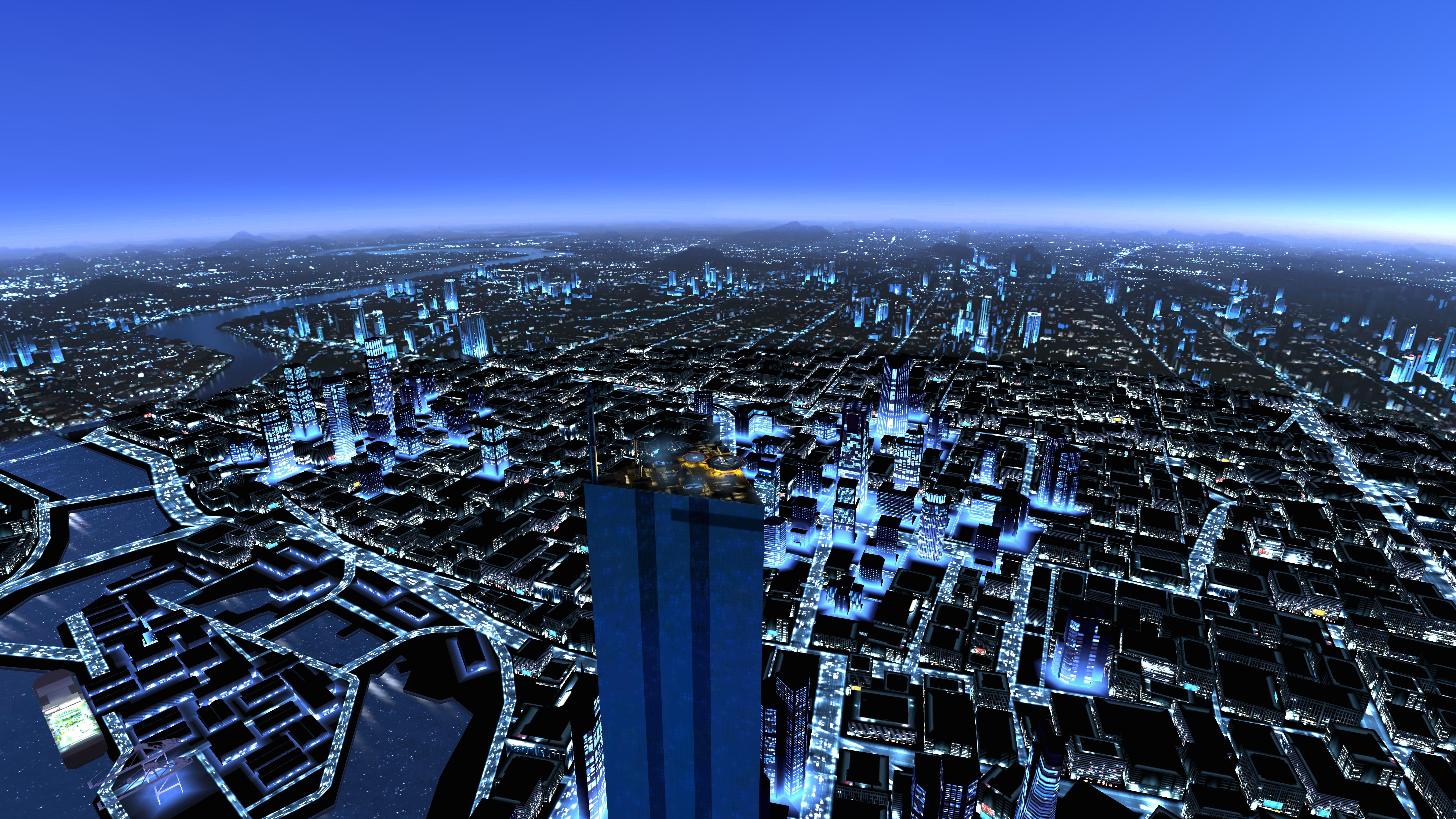 Futuristic Cityscape at Night with Blue Lights HD Wallpaper