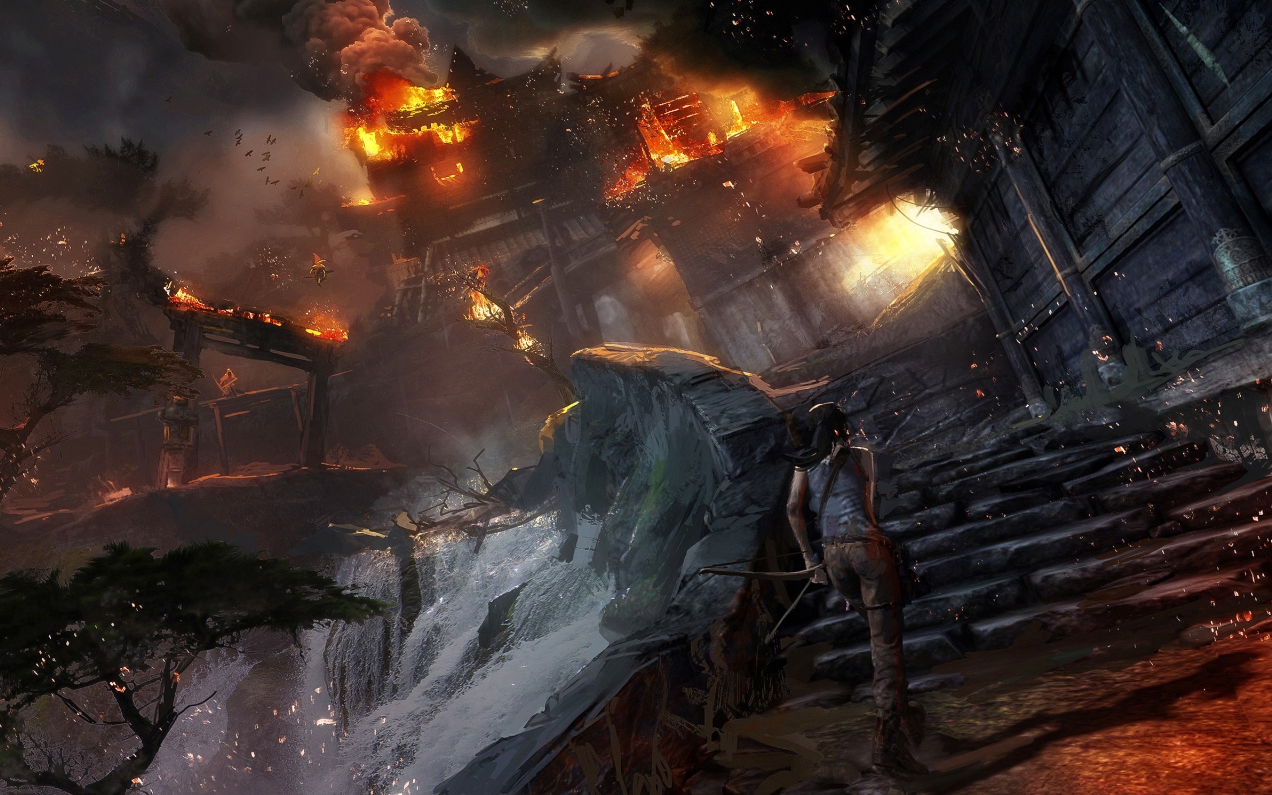 Lara Croft from Tomb Raider in a burning village HD Wallpaper