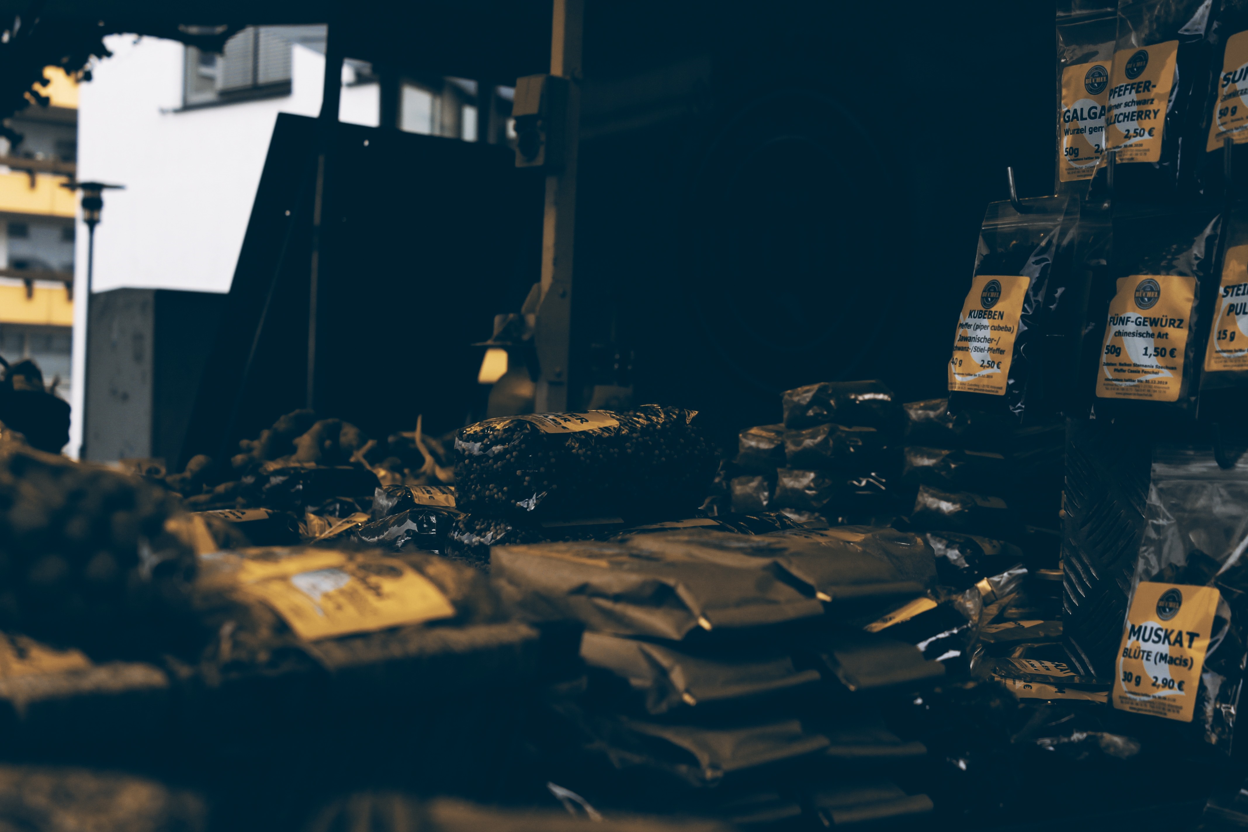 Spices and herbs at a market stall HD Wallpaper