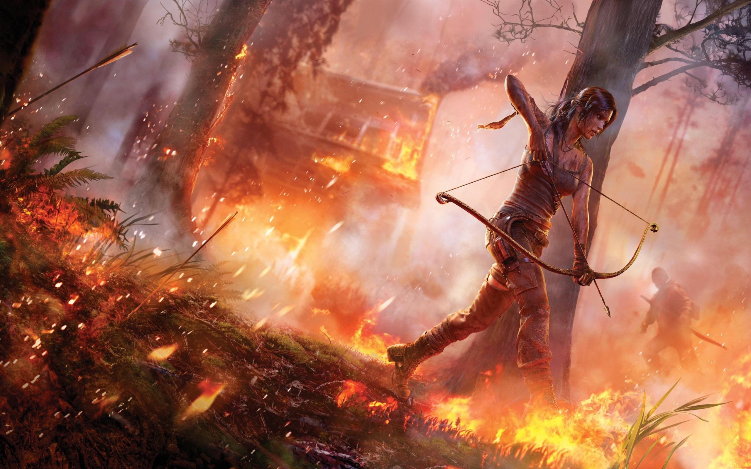 Lara Croft from Tomb Raider in a burning forest HD Wallpaper