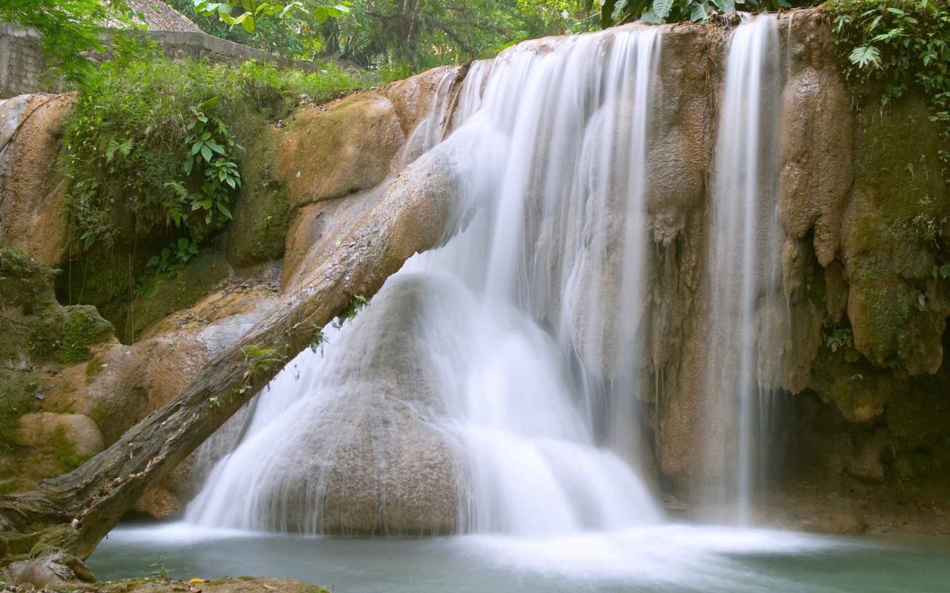 Waterfall cascading over rocks with a fallen tree HD Wallpaper