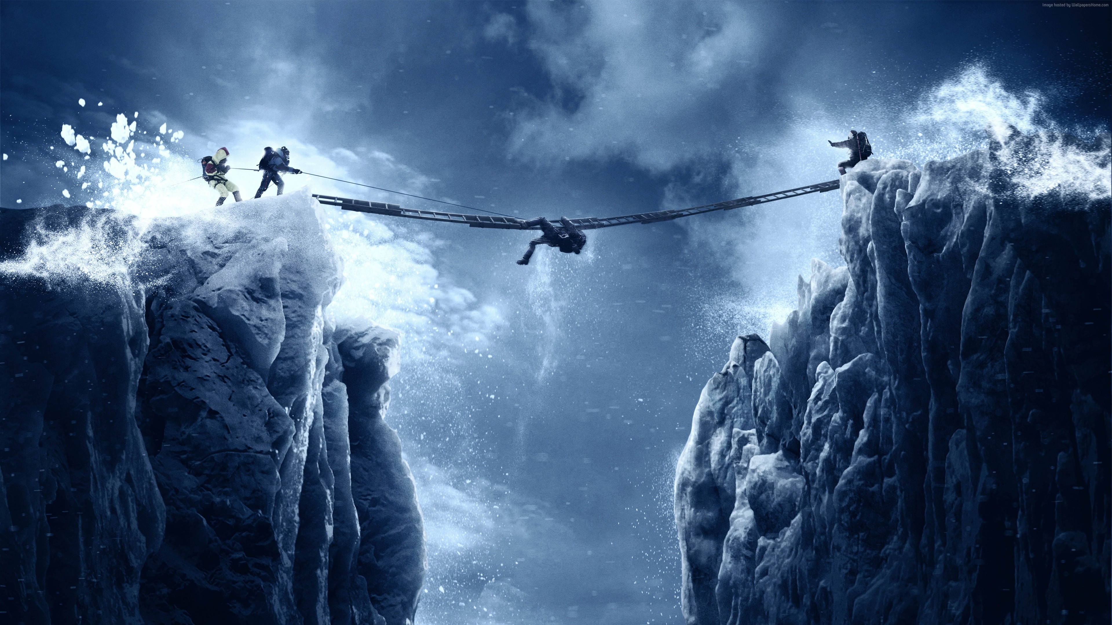 Everest movie poster with climbers on a rope bridge HD Wallpaper