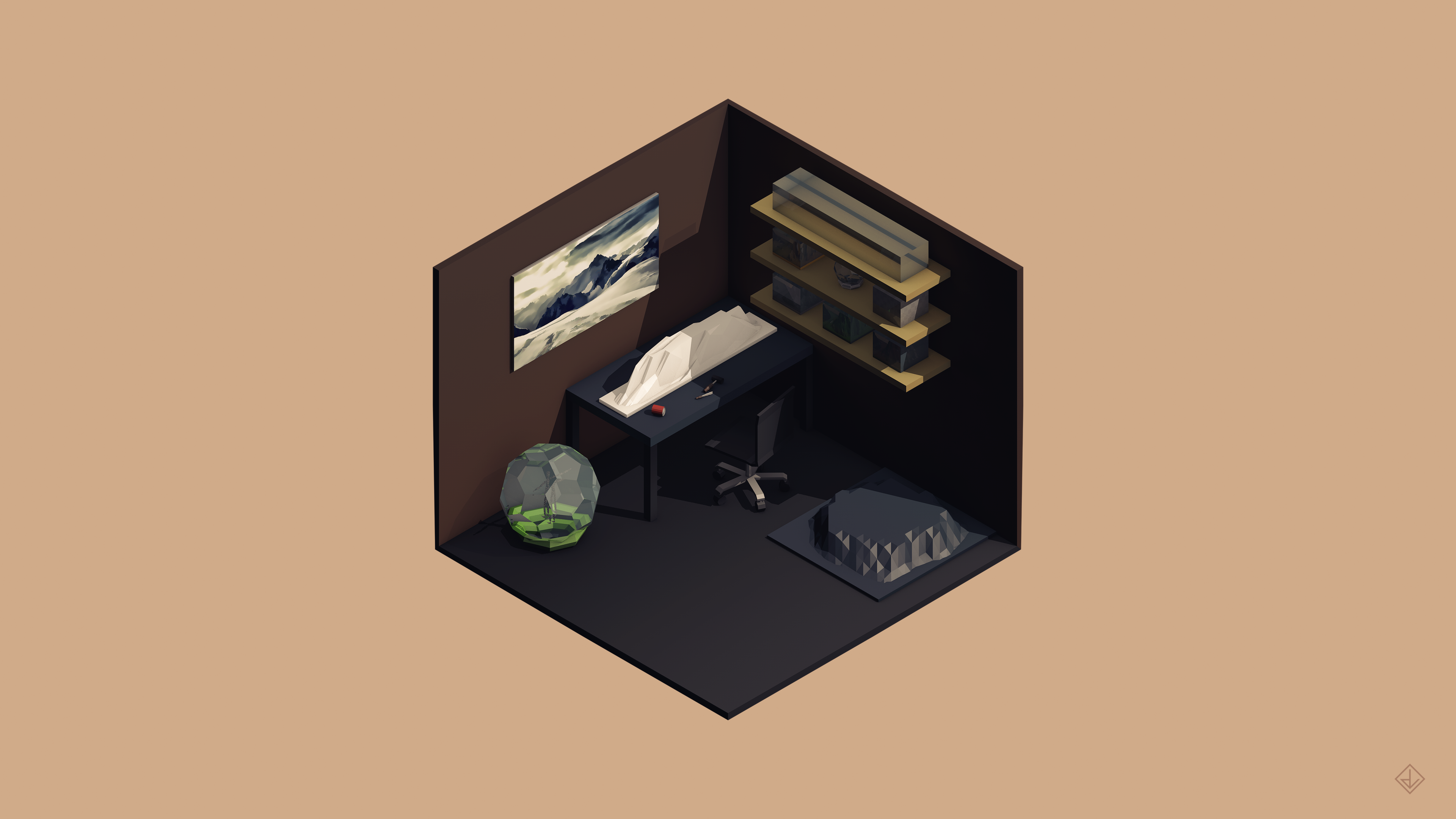 Isometric low poly office with desk and shelves HD Wallpaper