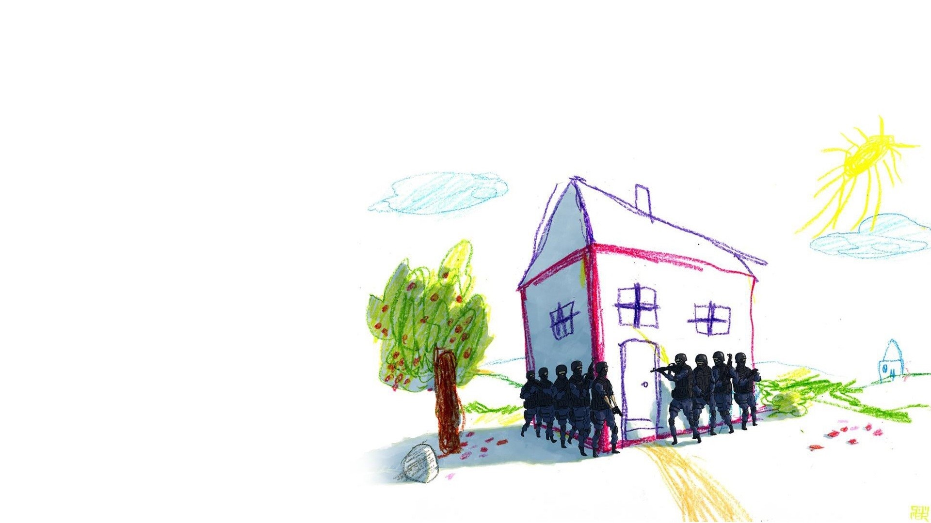 Children's drawing of a house with armed figures HD Wallpaper