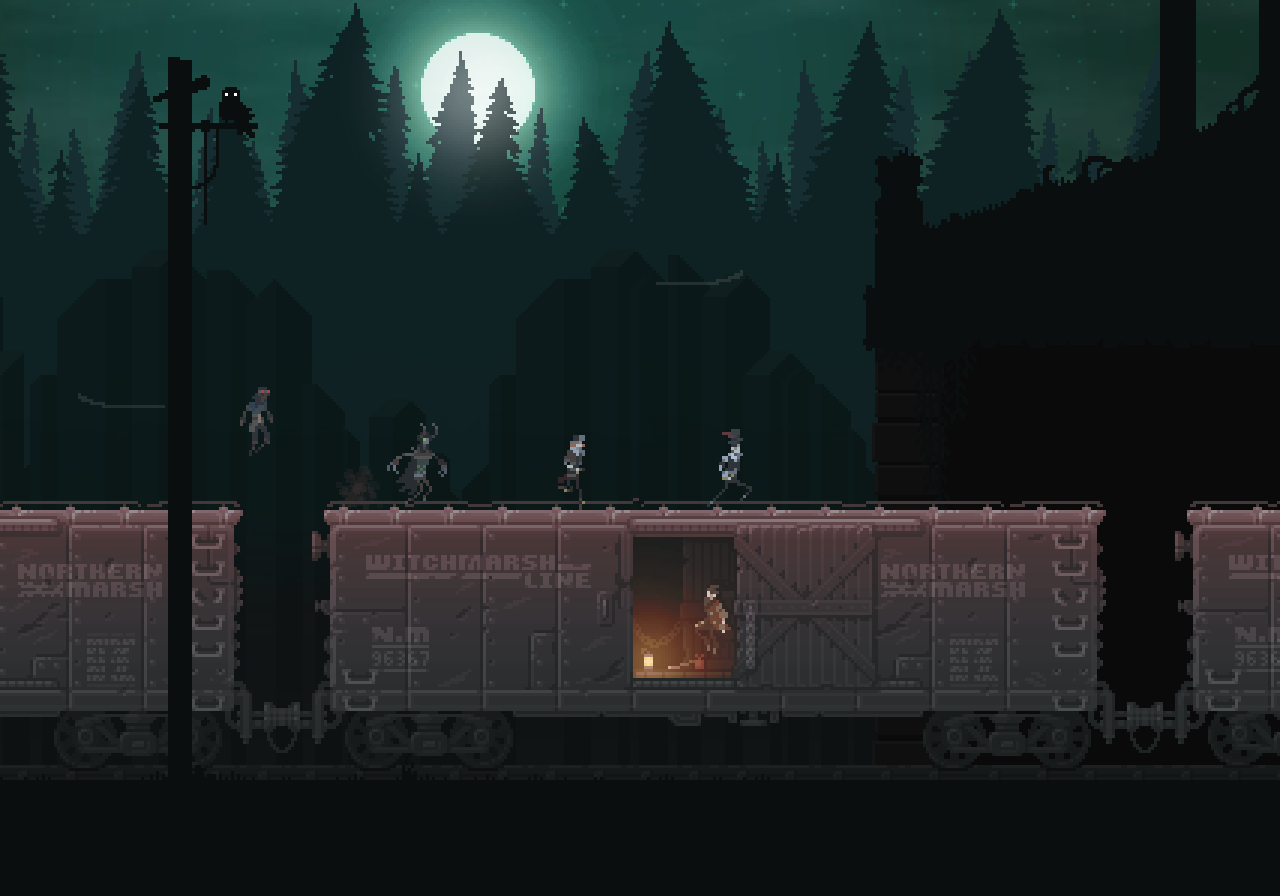 Characters on a train at night in Witchmarsh HD Wallpaper