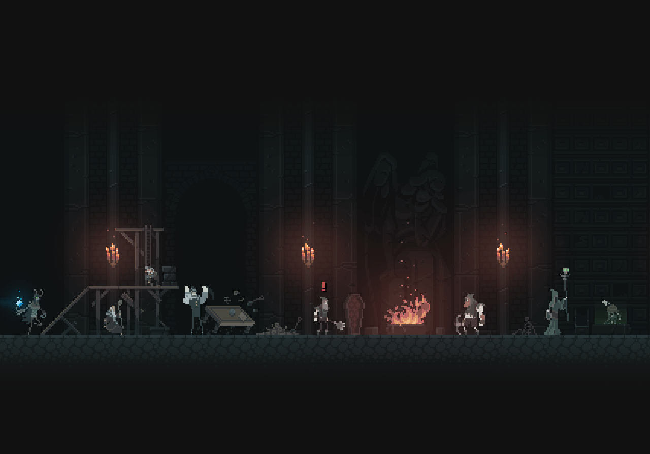 Pixel art scene with characters in a dark, gothic setting HD Wallpaper