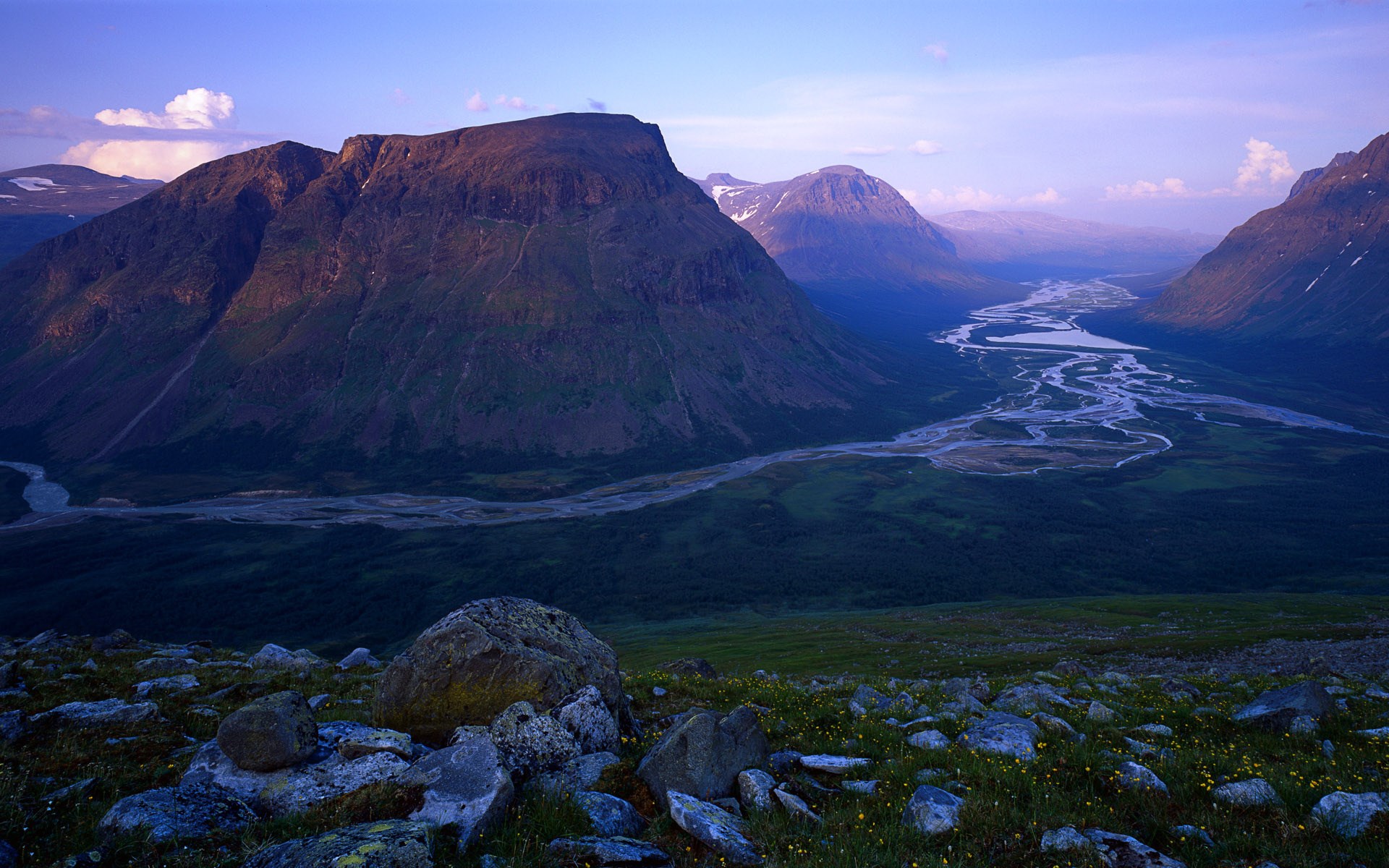 Mountain valley with a winding river at dusk HD Wallpaper