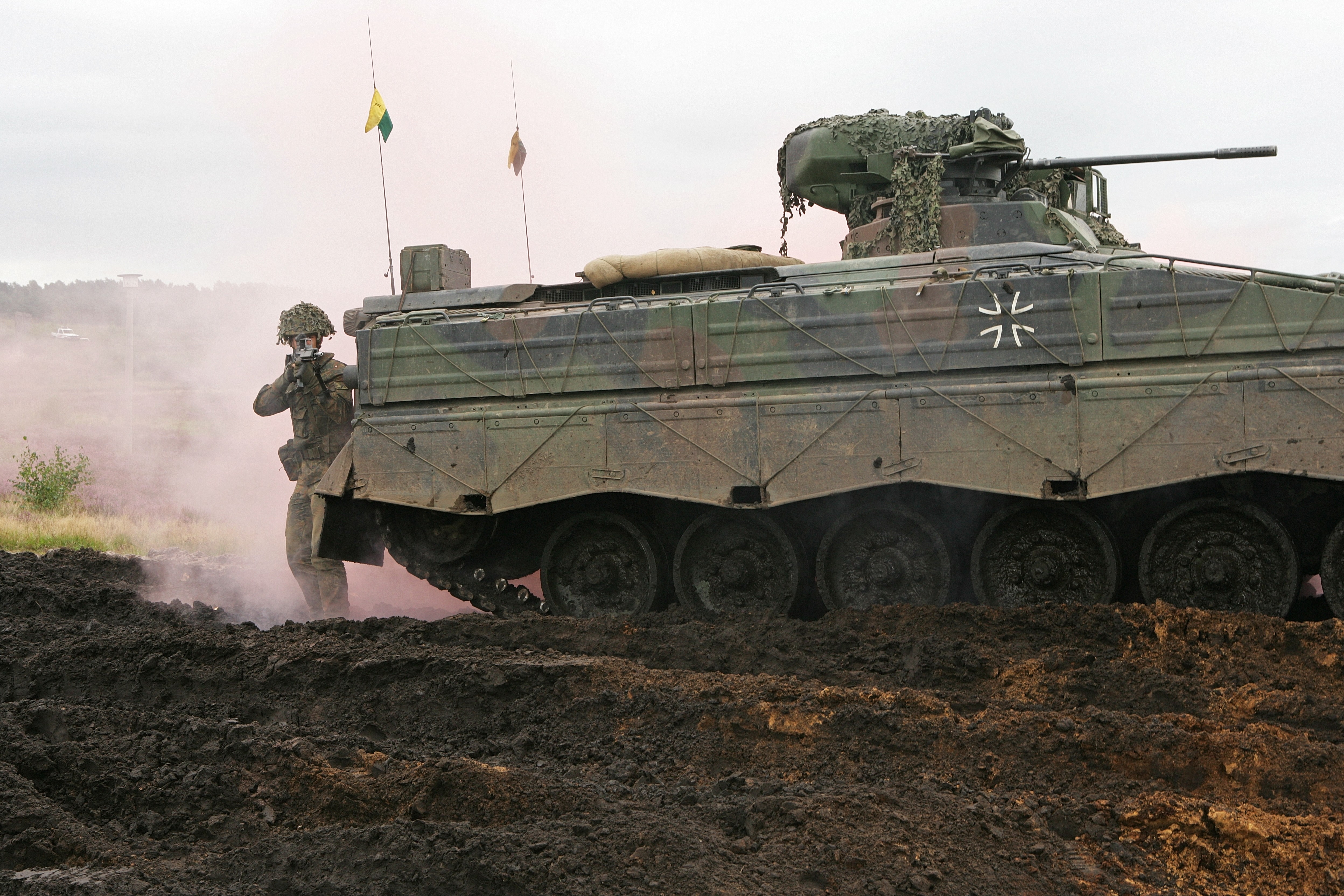 Bundeswehr Marder IFV with soldier and smoke HD Wallpaper