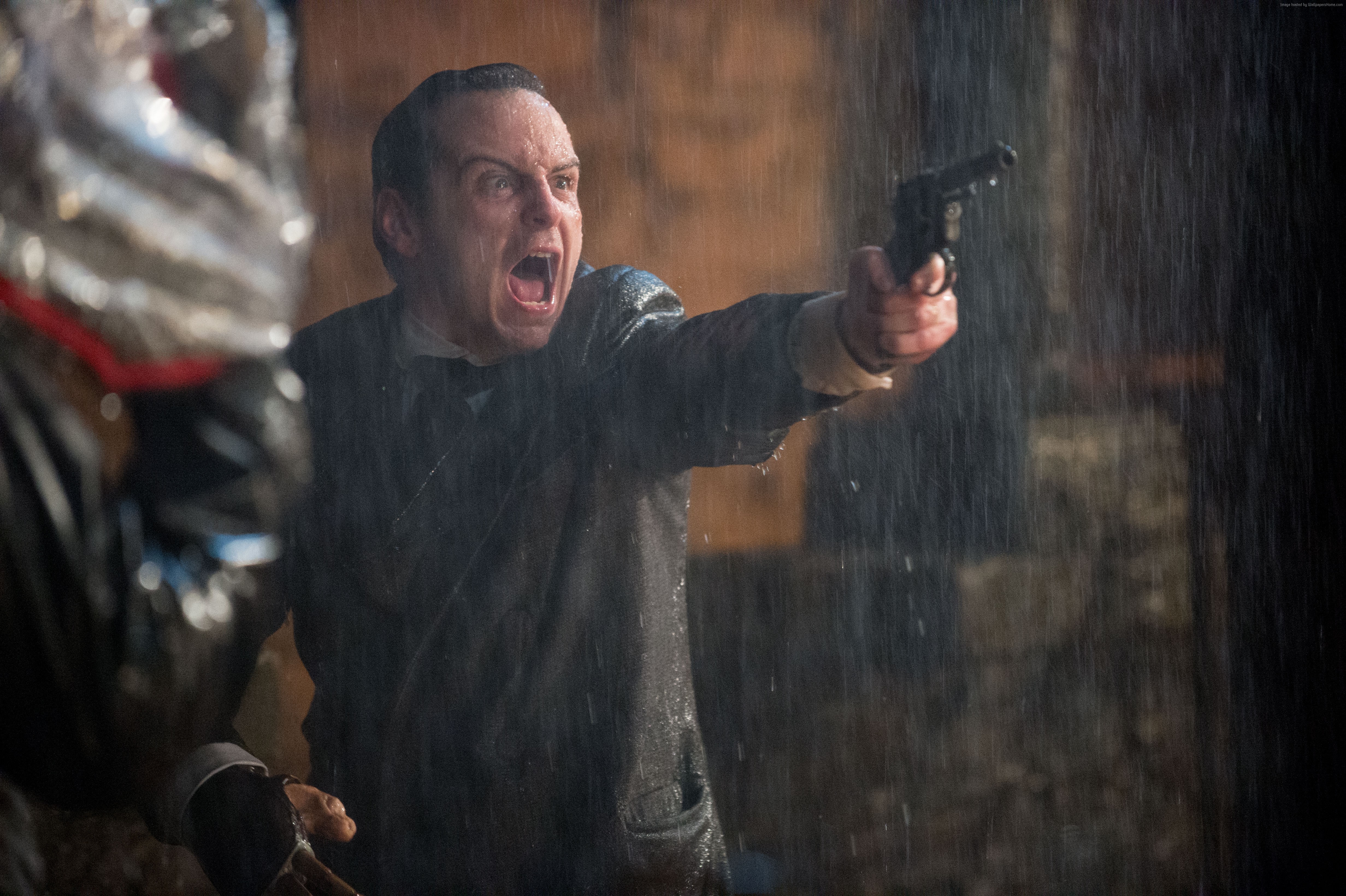 Andrew Scott as Victor Frankenstein holding a gun in the rain HD Wallpaper