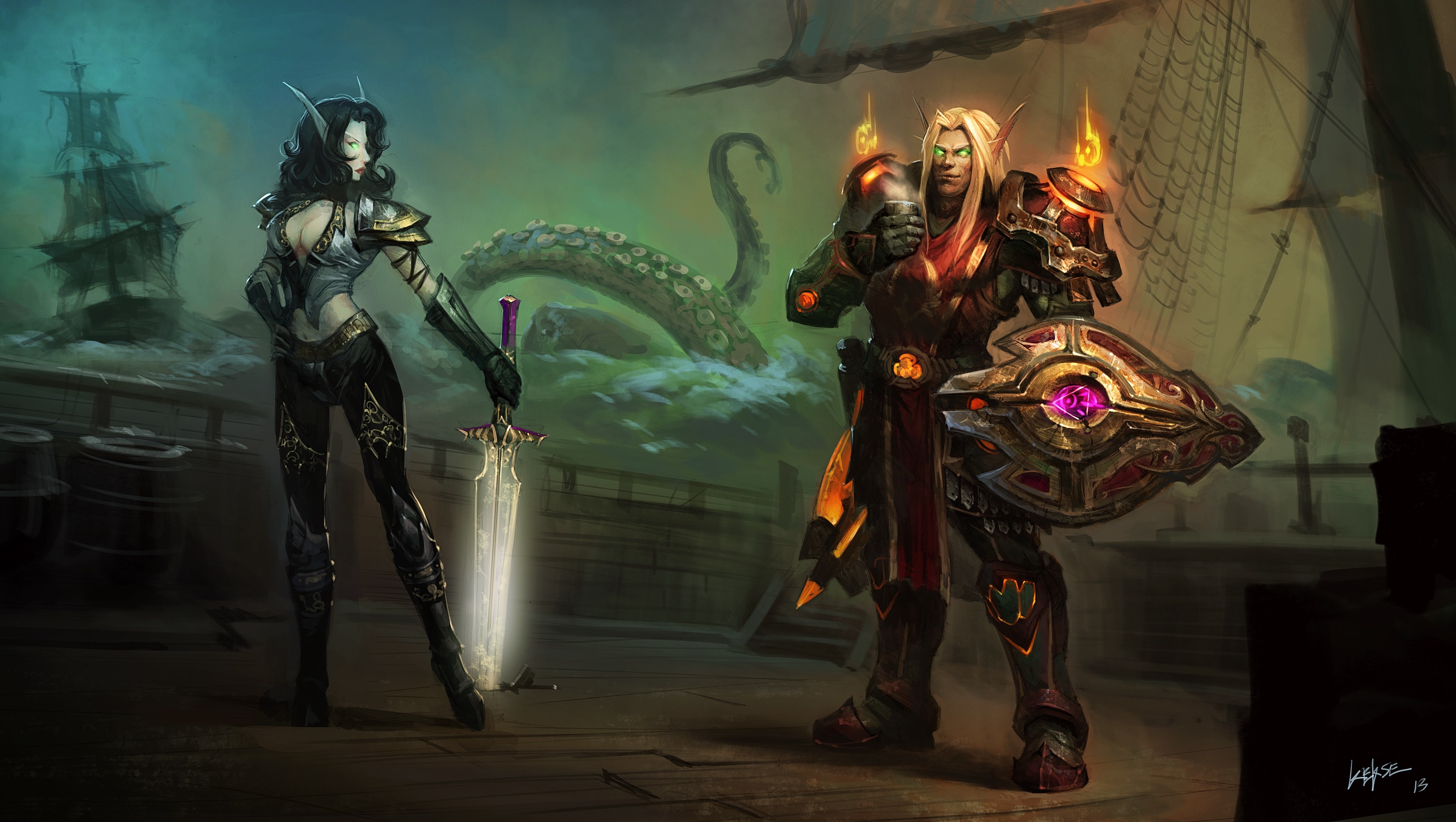 Two elves and a kraken on a ship in World of Warcraft HD Wallpaper