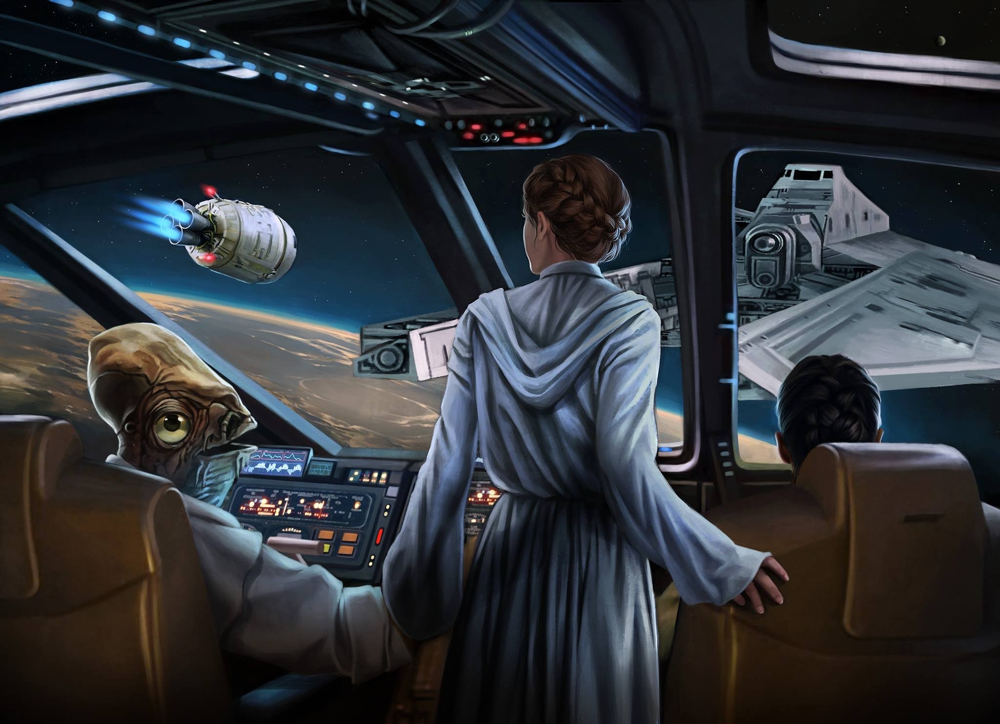 Star Wars: Leia Organa and Admiral Ackbar in a starship cockpit HD Wallpaper