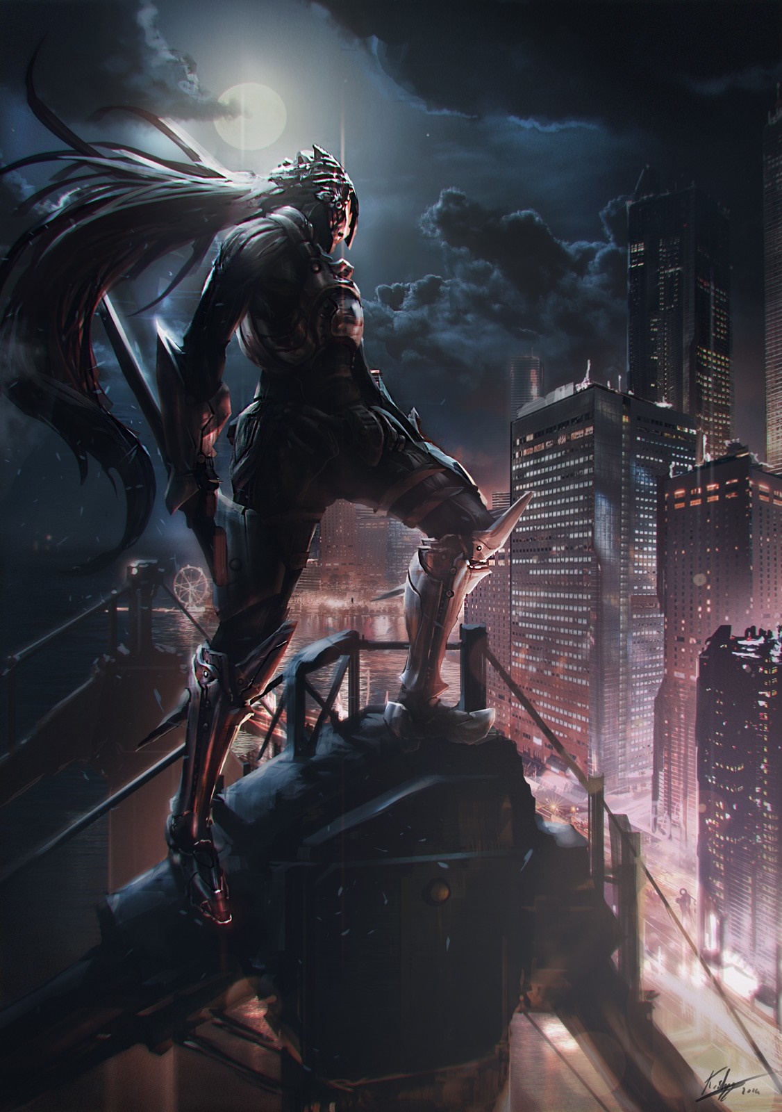 Fictional character in a dark cityscape at night HD Wallpaper