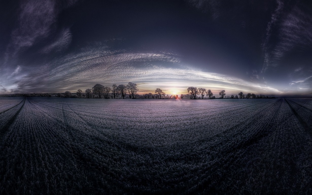 Panoramic field at sunset with dramatic clouds HD Wallpaper
