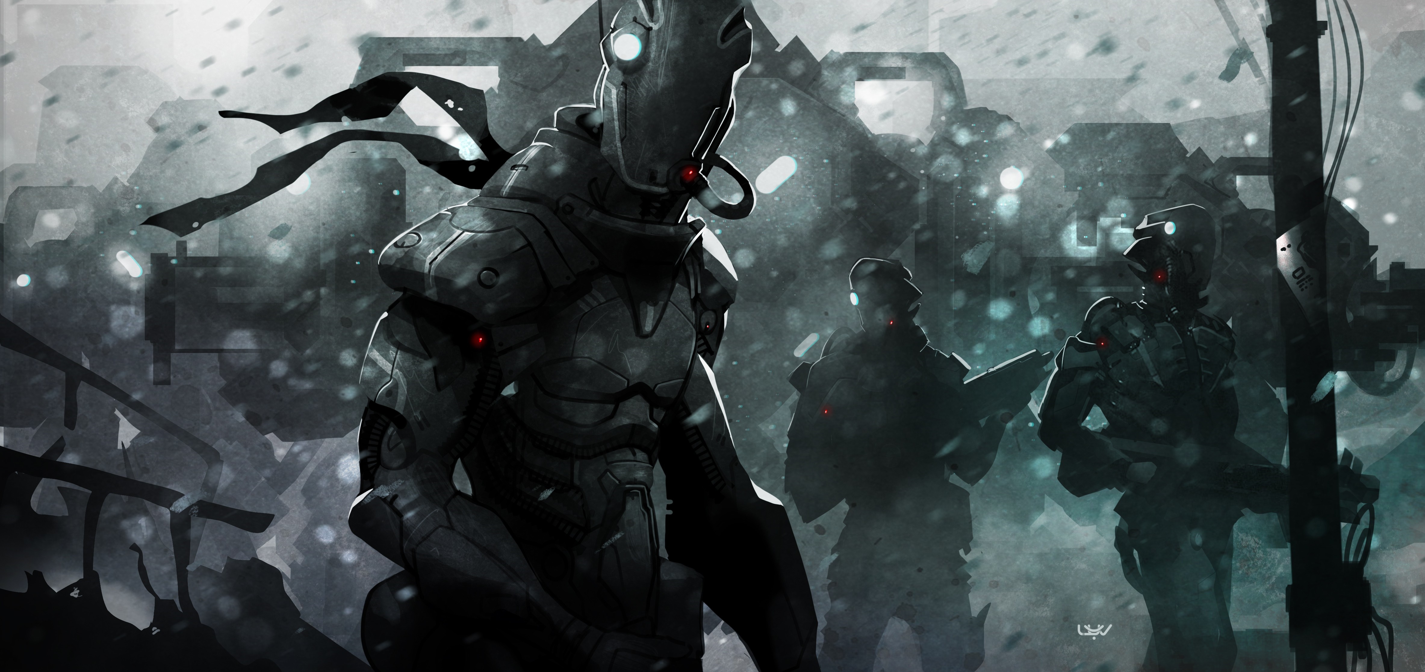 Robots and soldiers in a snowy, ruined city HD Wallpaper