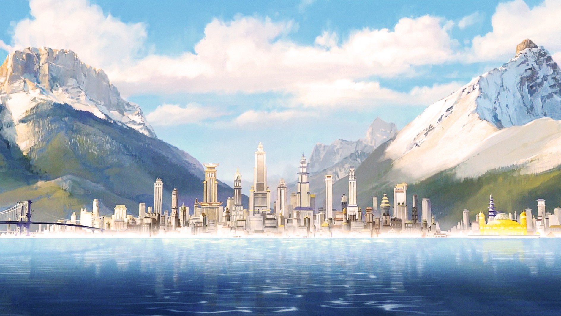 Cityscape with mountains and reflection on water HD Wallpaper