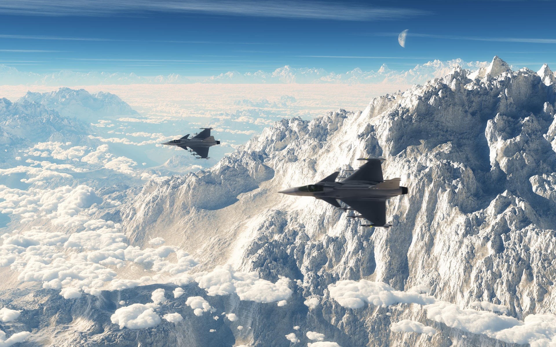 JAS 39 Gripen Jets Flying Over Snowy Alps Mountains HD Wallpaper