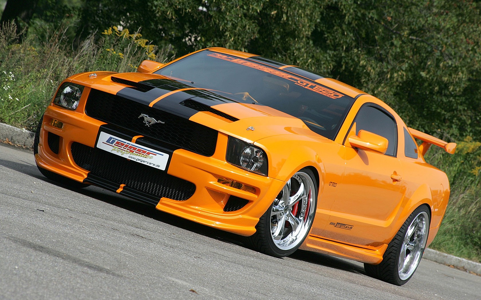 Orange Ford Mustang GT500 with black stripes HD Wallpaper