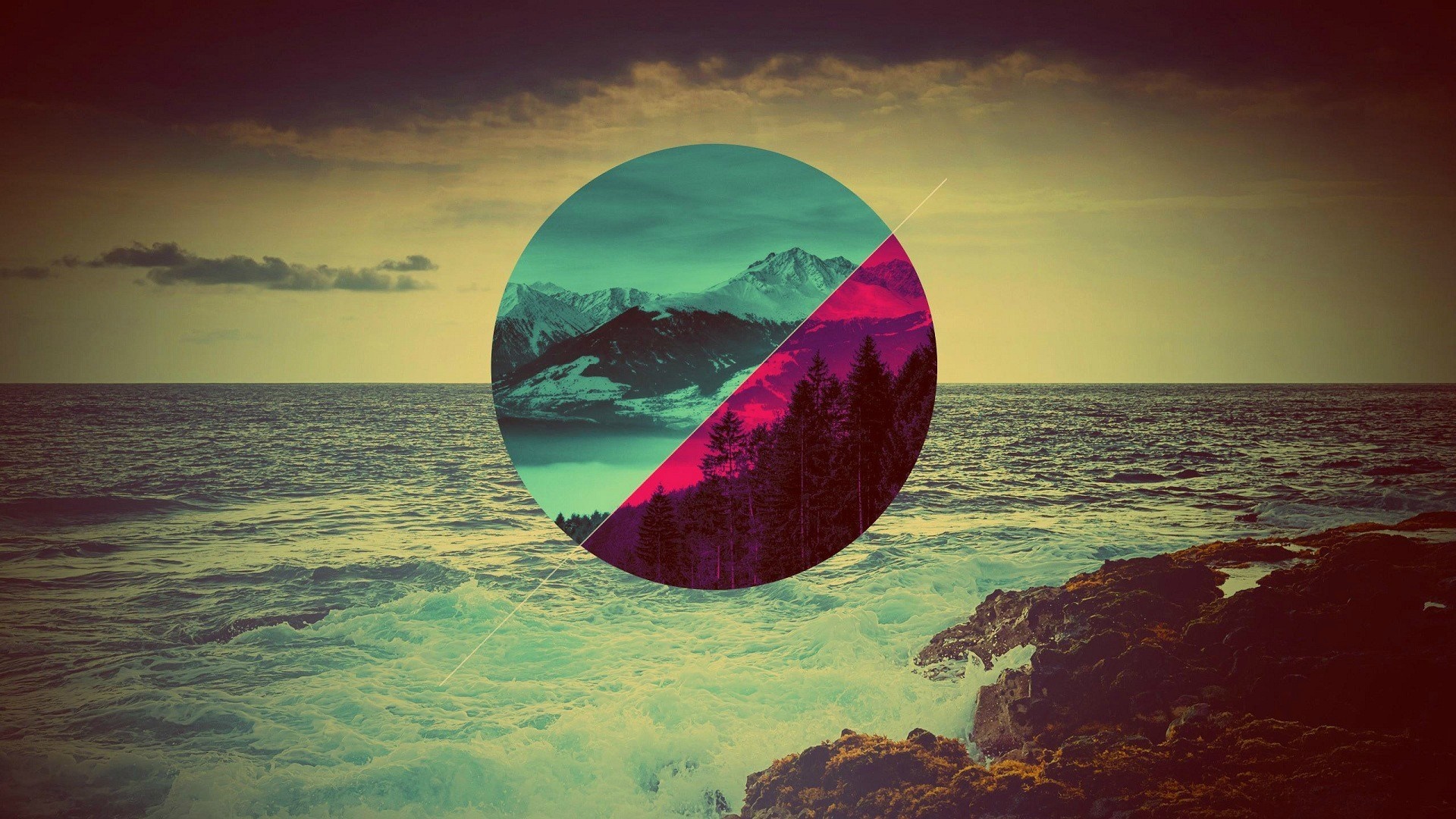 Geometric circle over ocean and mountains HD Wallpaper