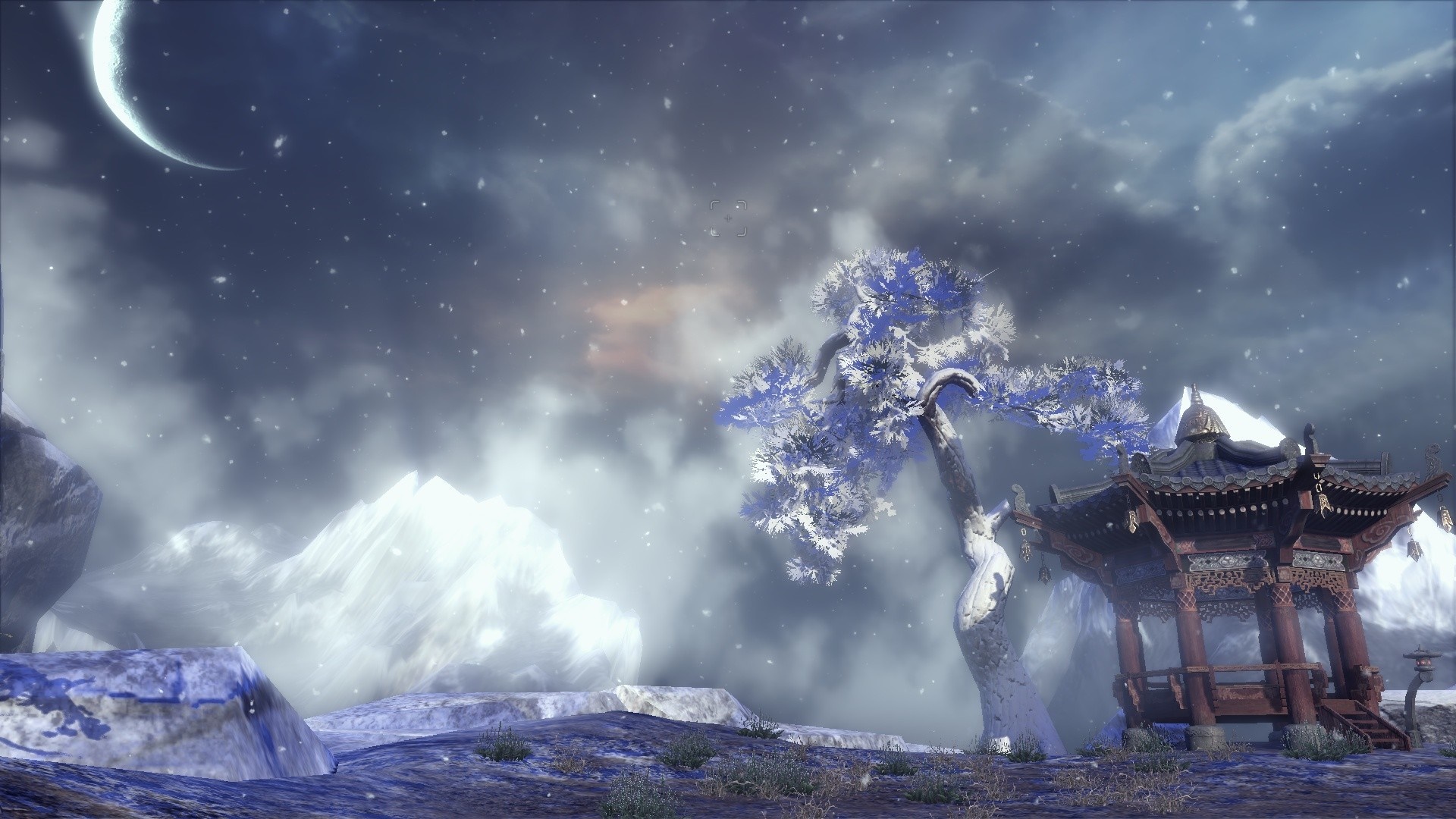 Blade & Soul screenshot with snowy mountains and a pavilion HD Wallpaper