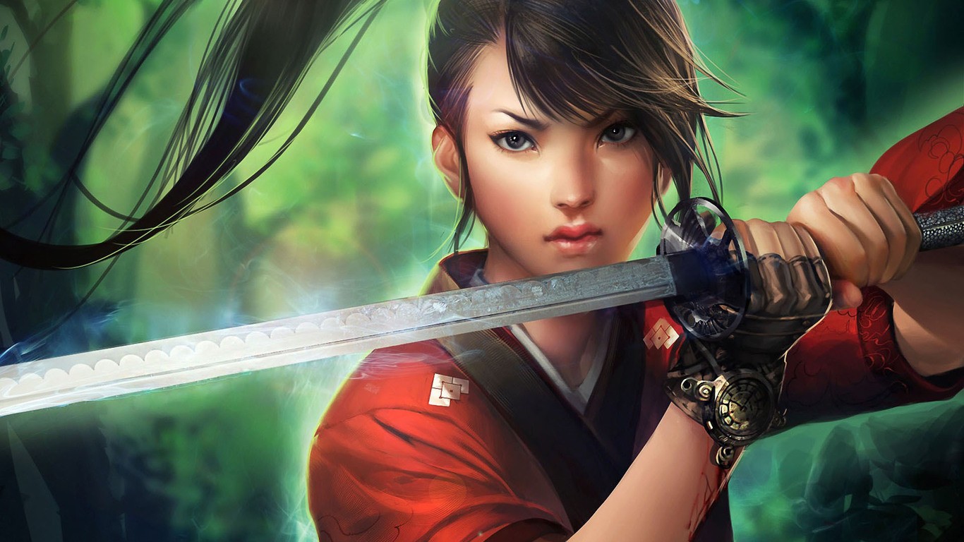 Anime girl with katana in forest HD Wallpaper