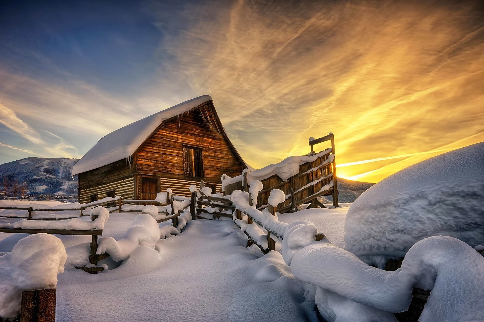 Wooden barn in snow during sunset HD Wallpaper