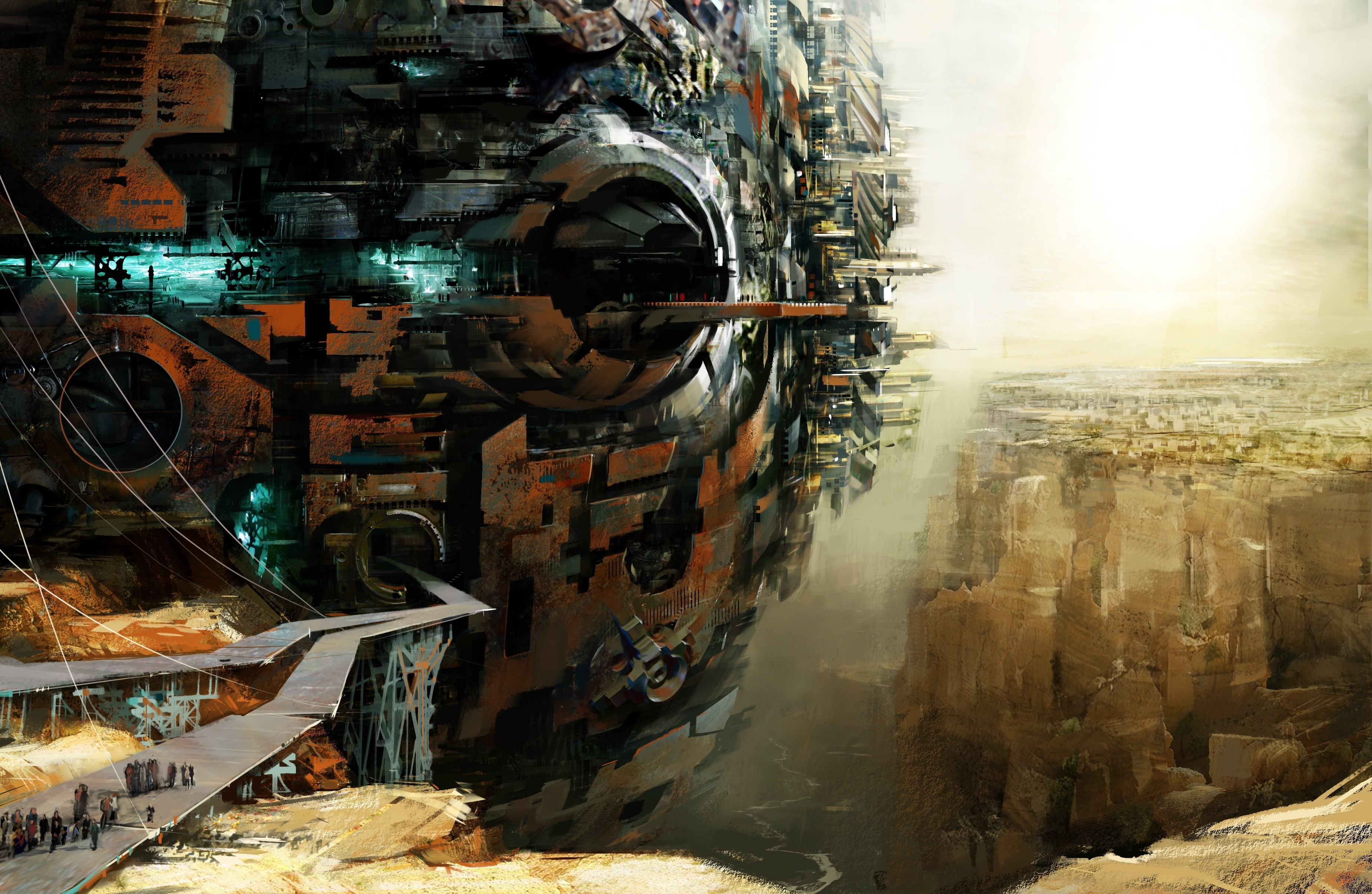 Concept art of a massive futuristic structure in a canyon HD Wallpaper