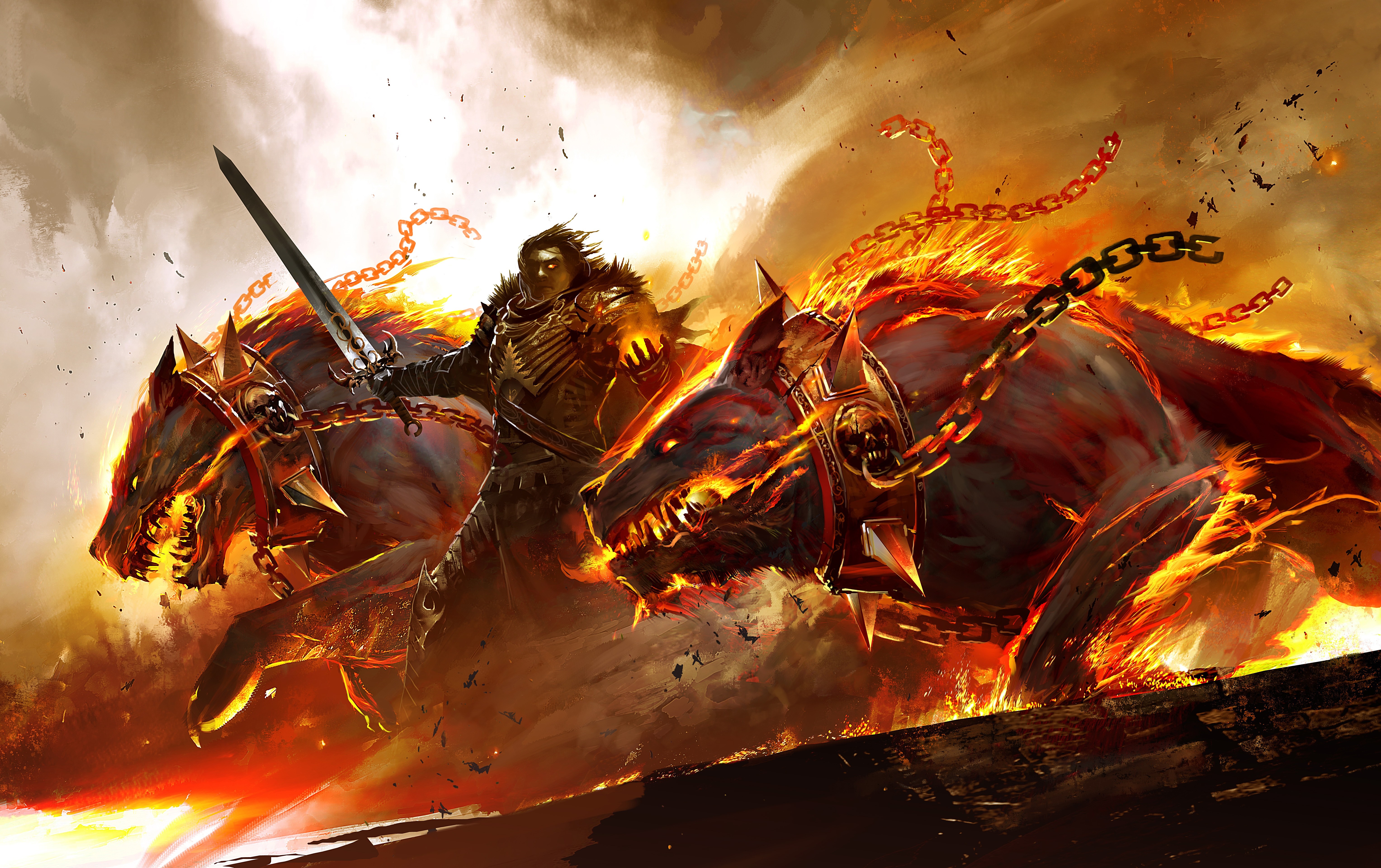 Man riding hellhounds with chains and sword HD Wallpaper