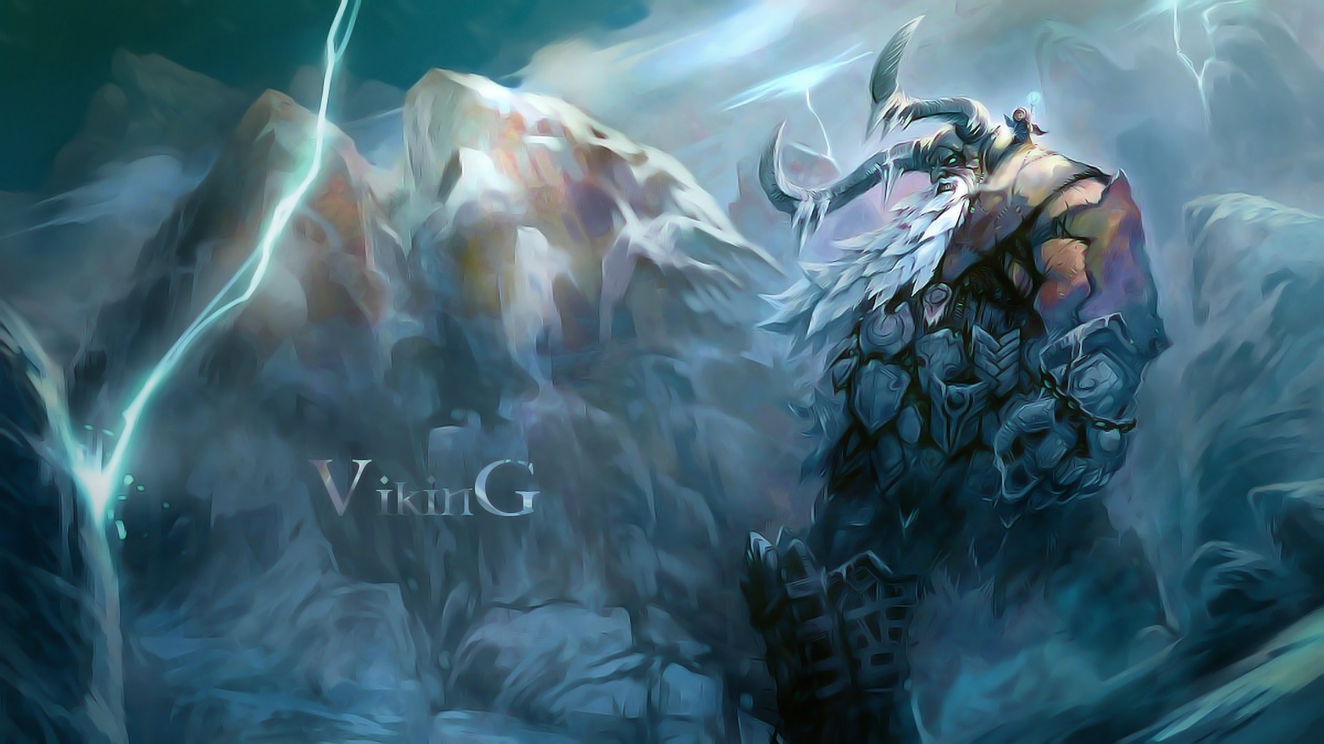 Viking character in a mountainous landscape with lightning HD Wallpaper