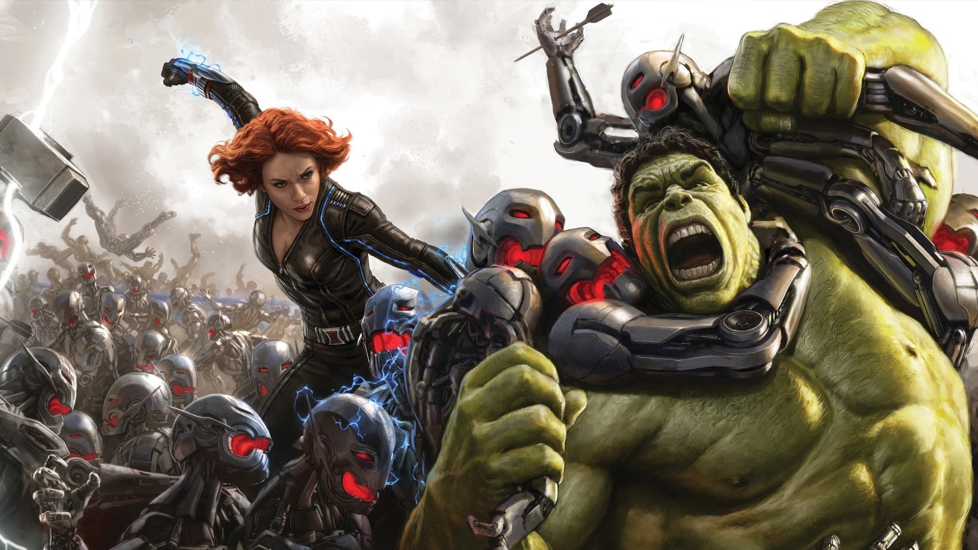 Black Widow and Hulk fighting Ultron bots from Avengers Age of Ultron HD Wallpaper