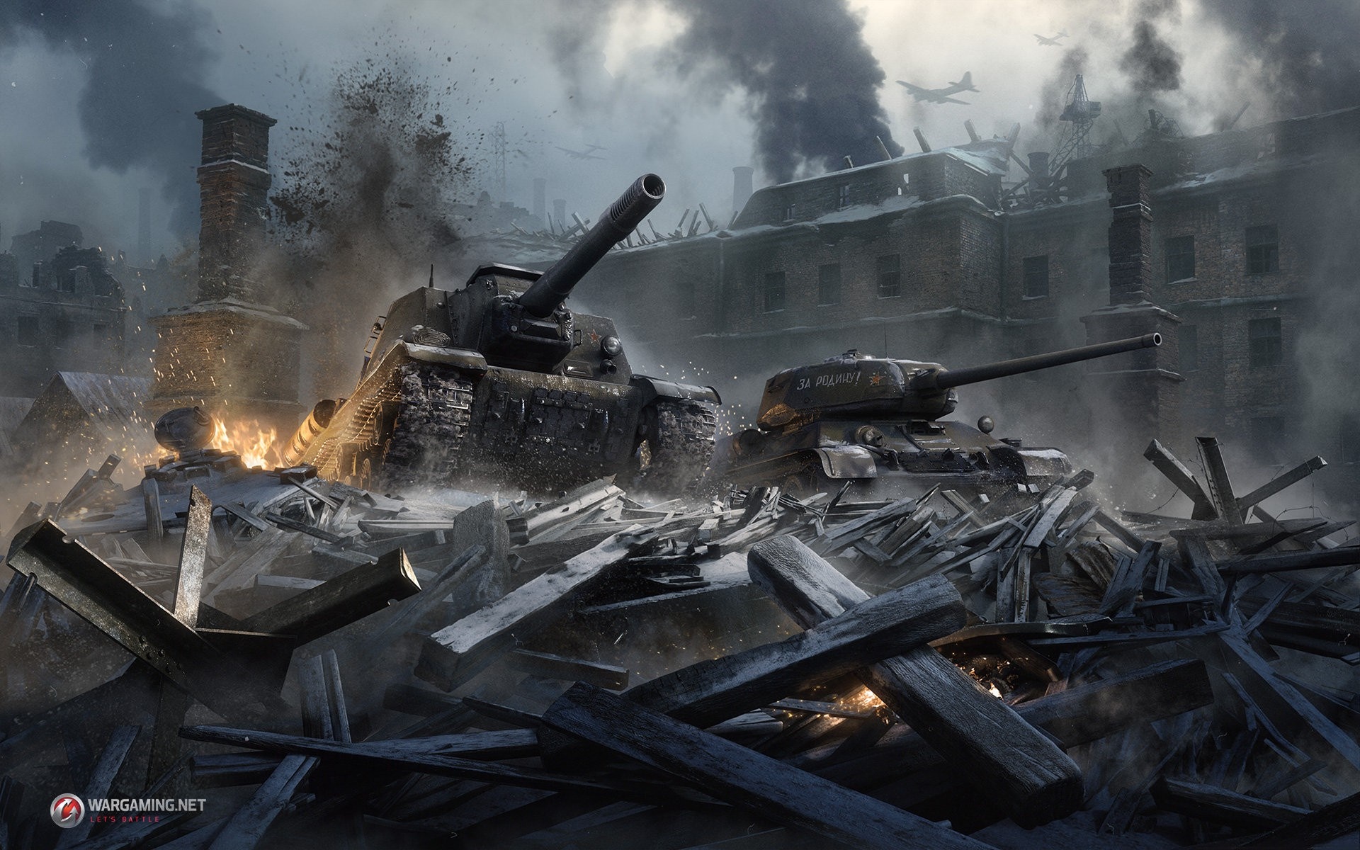 World of Tanks screenshot with tanks in destroyed city HD Wallpaper