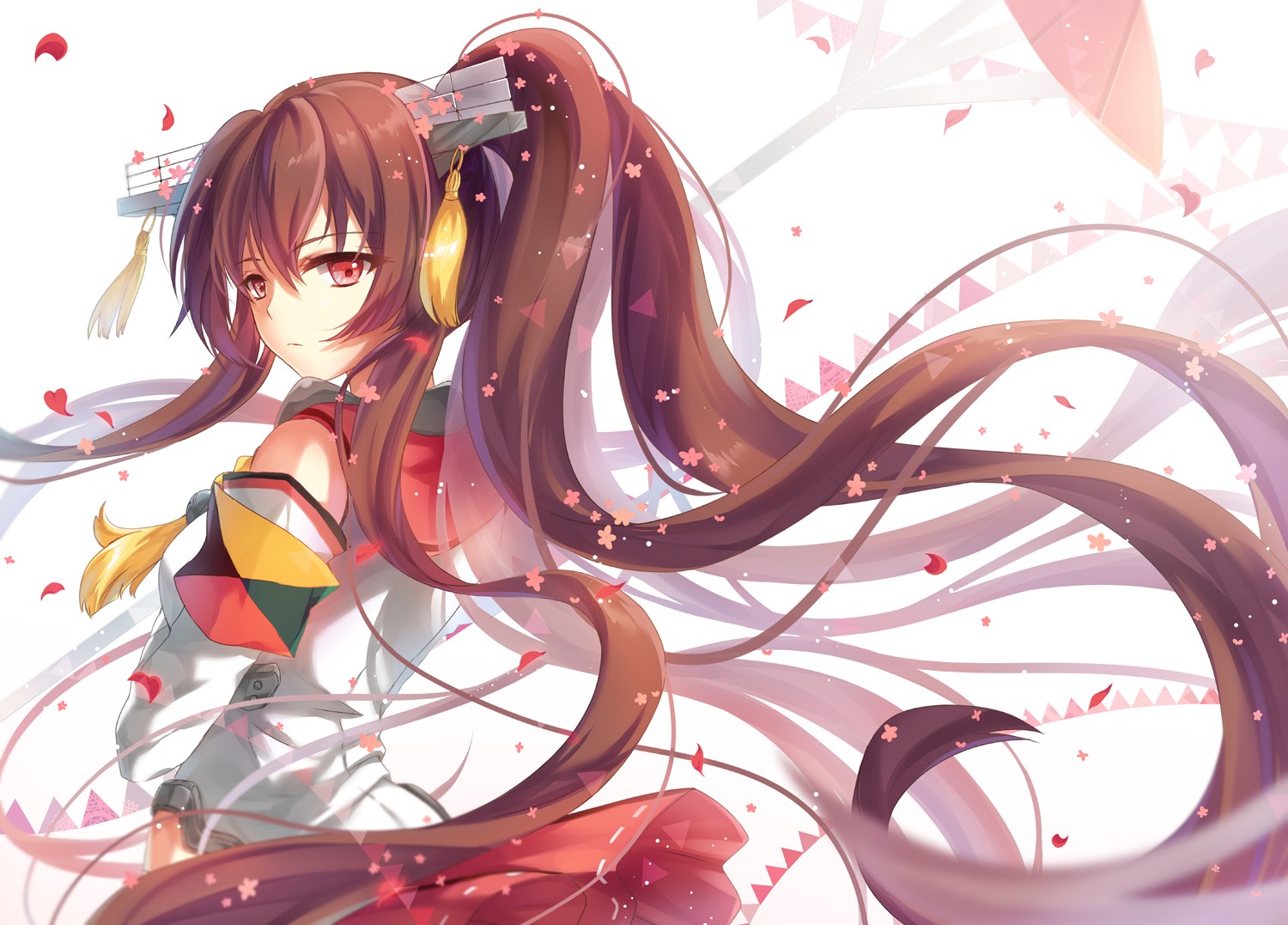 Anime girl with brown pigtails and red eyes HD Wallpaper